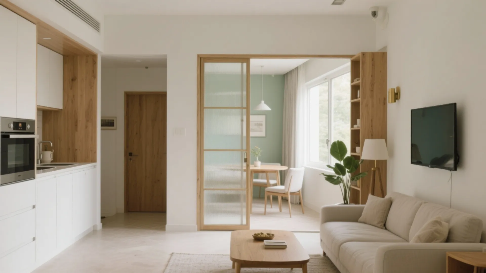 Bright living room with beige sofa wooden coffee table and glass door leading to dining