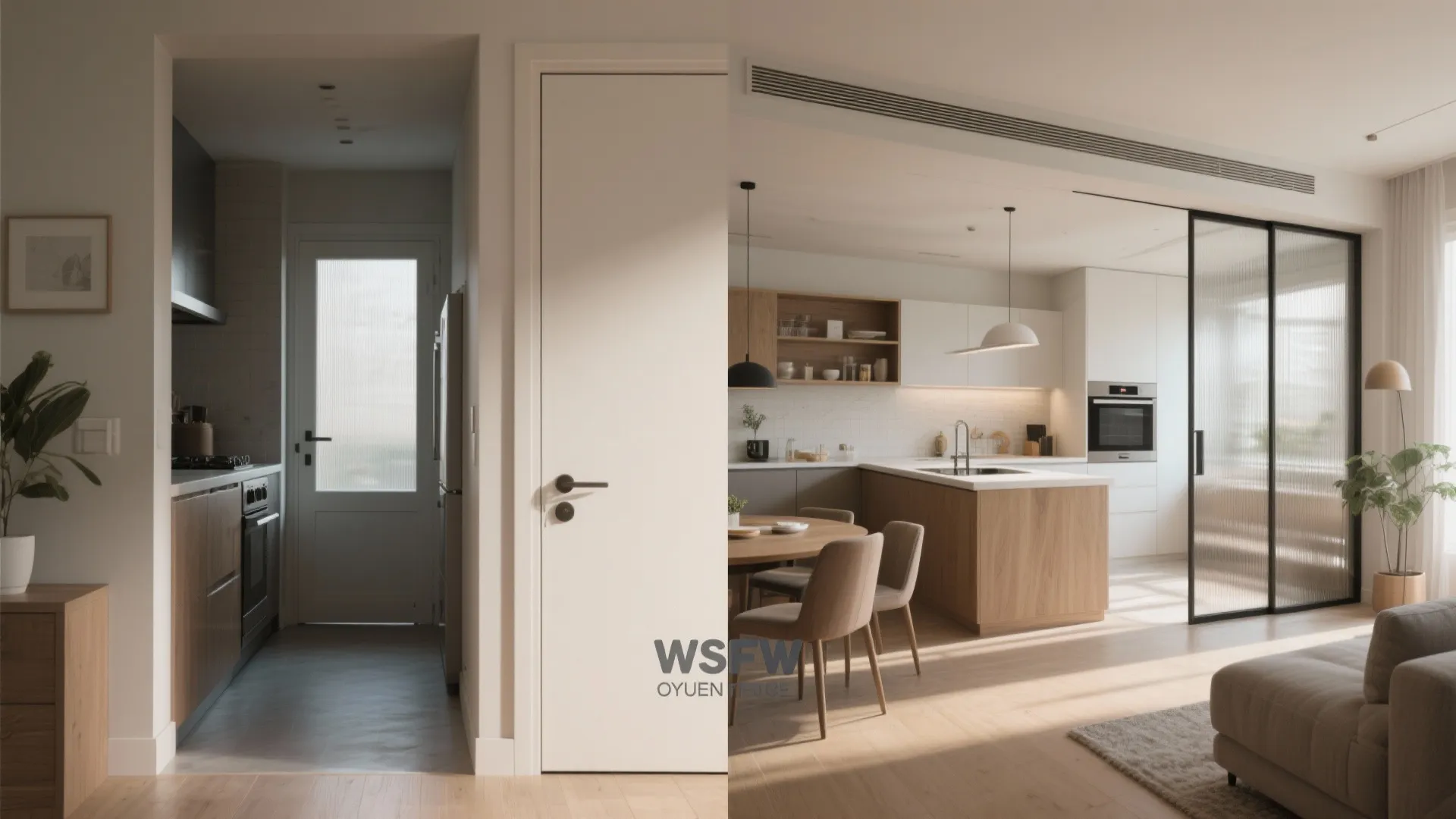 Side by side comparison showing a narrow kitchen versus a large open plan kitchen dining area