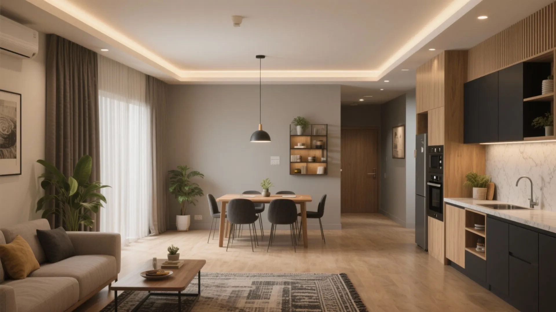 Modern open plan living room with wooden dining table grey chairs black kitchen and ceiling light
