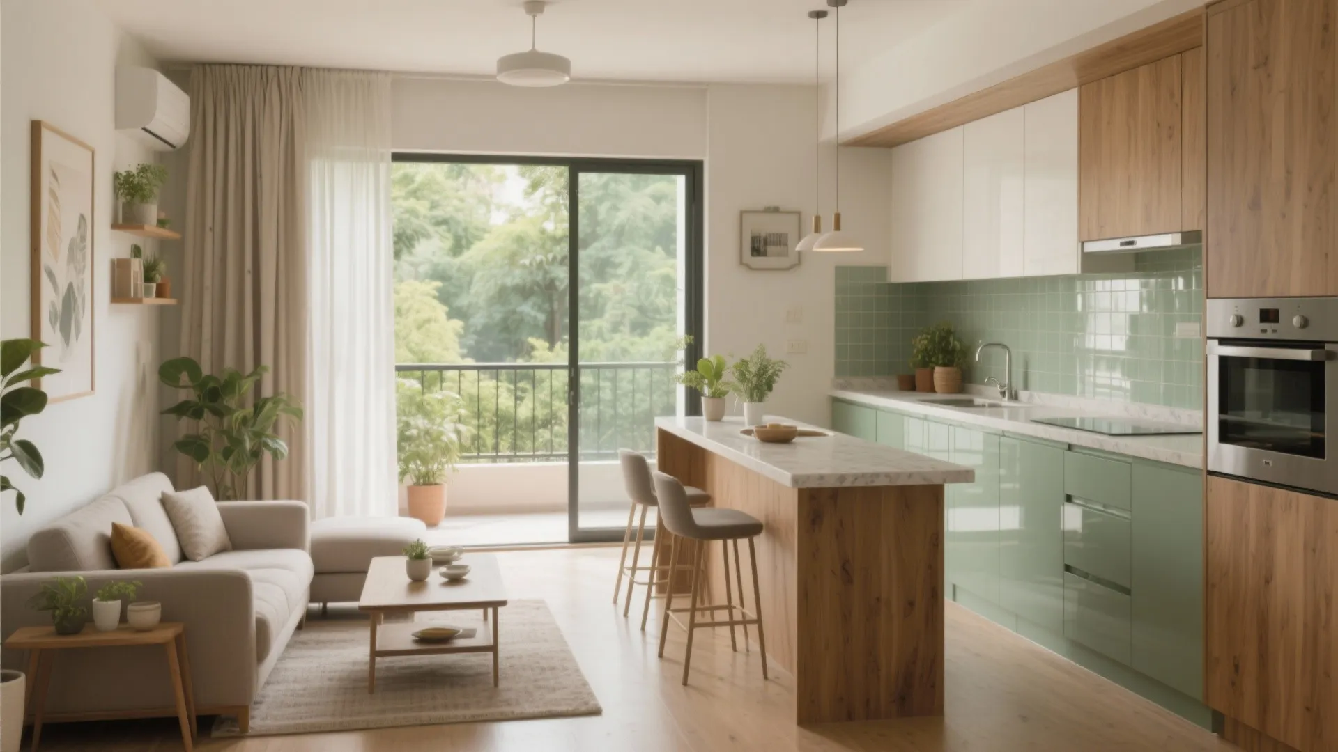 Modern open plan living room with green kitchen cabinets island chairs sofa and large balcony windows