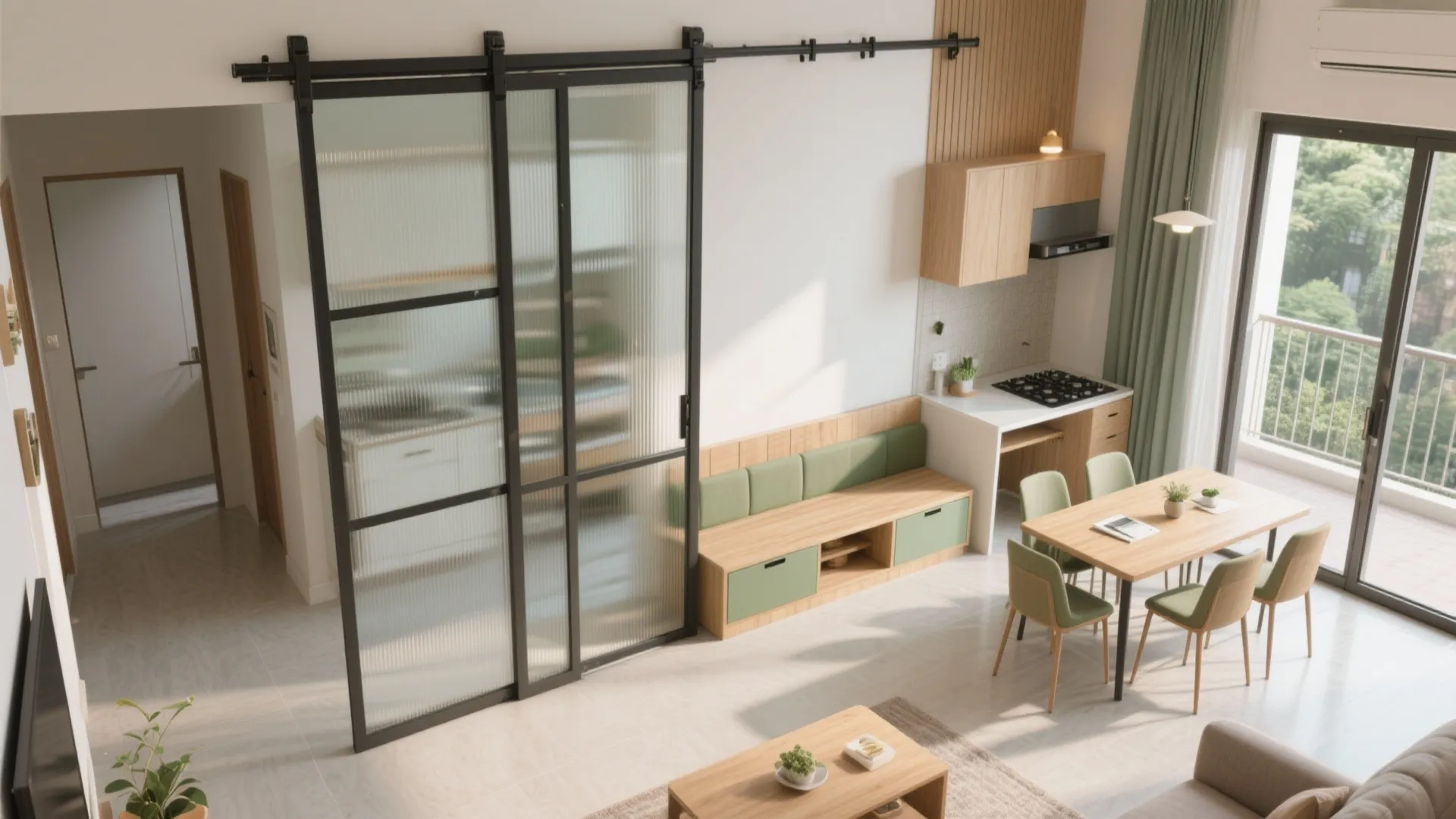 Open-plan living with sliding partitions for flexibility