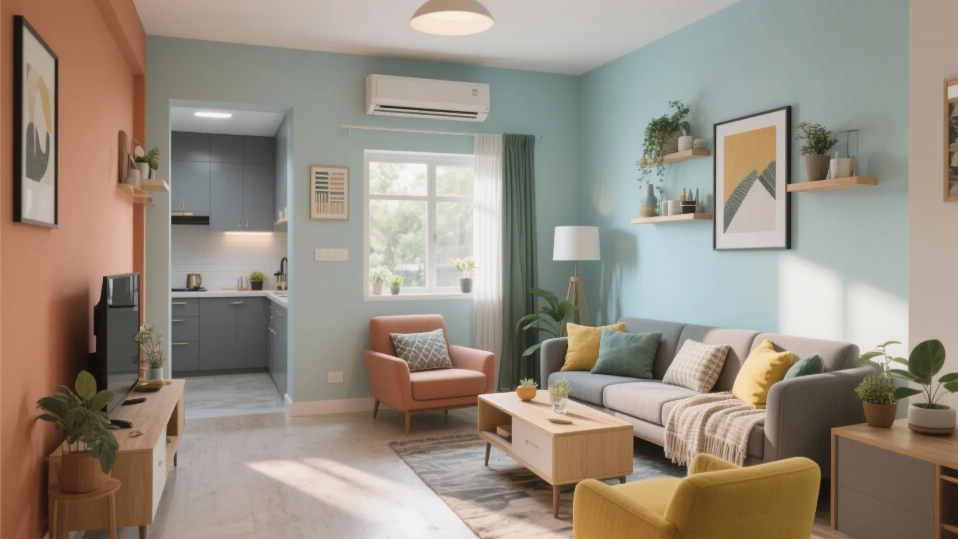 Colorful small apartment living room with blue walls grey sofa orange armchair and a kitchen view