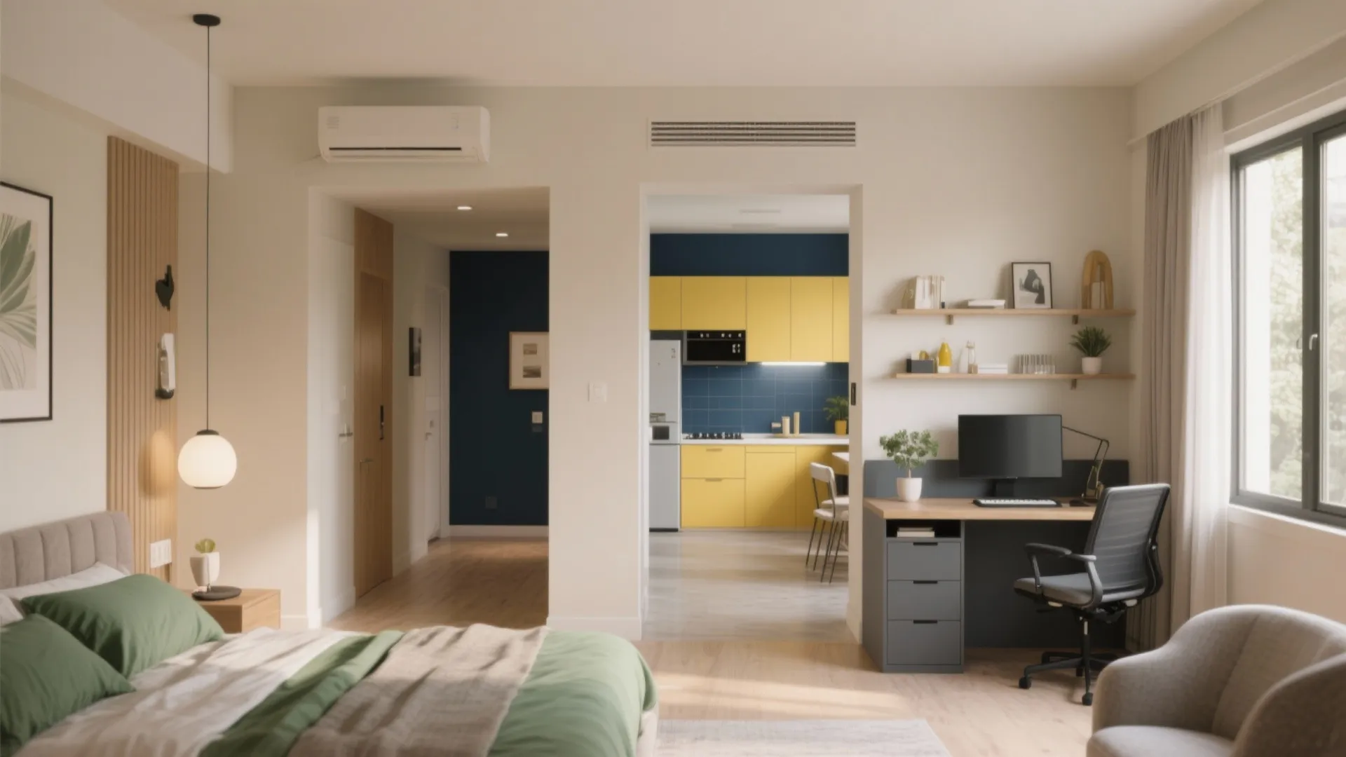 Modern apartment interior design drawing showing bedroom desk area and yellow kitchen in the background view