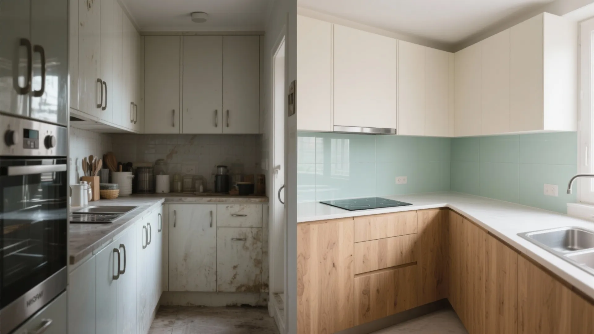 Before and after comparison of an old messy kitchen versus a new modern clean kitchen