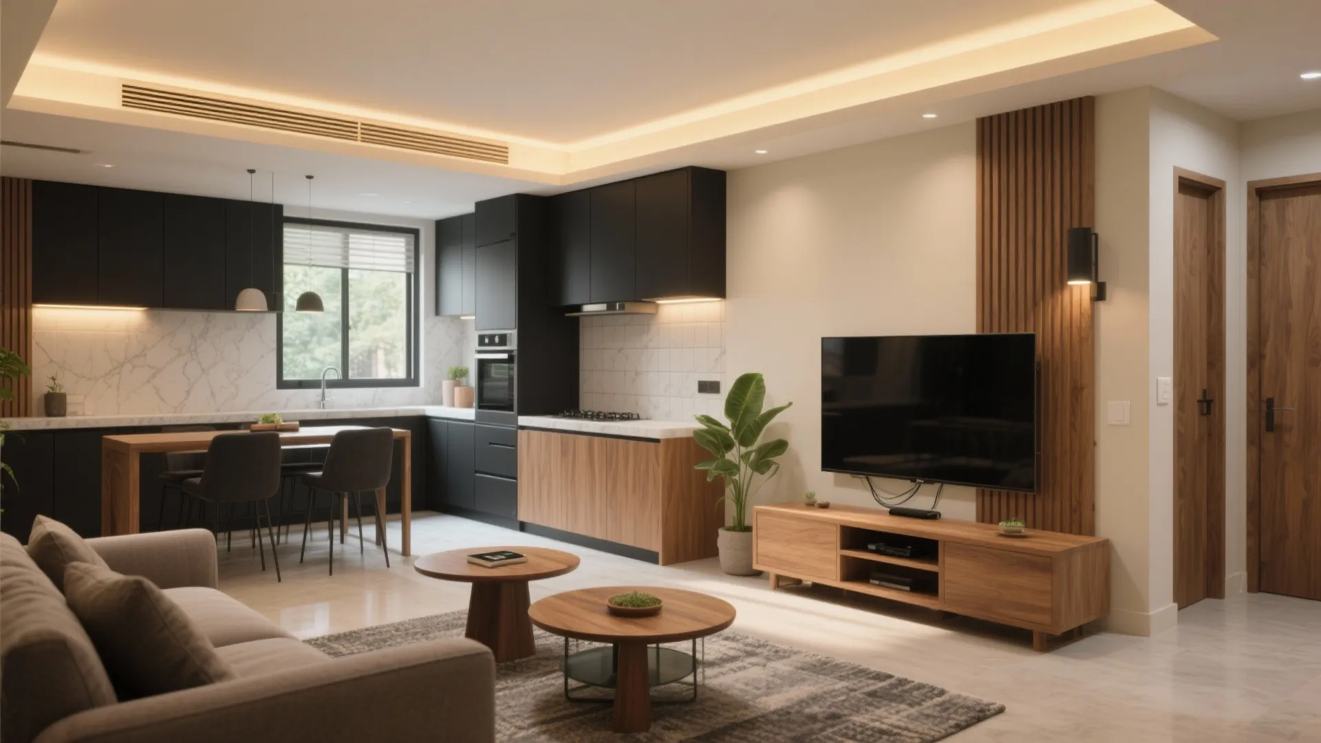 Modern open plan living room and kitchen area featuring wooden furniture with black cabinet doors
