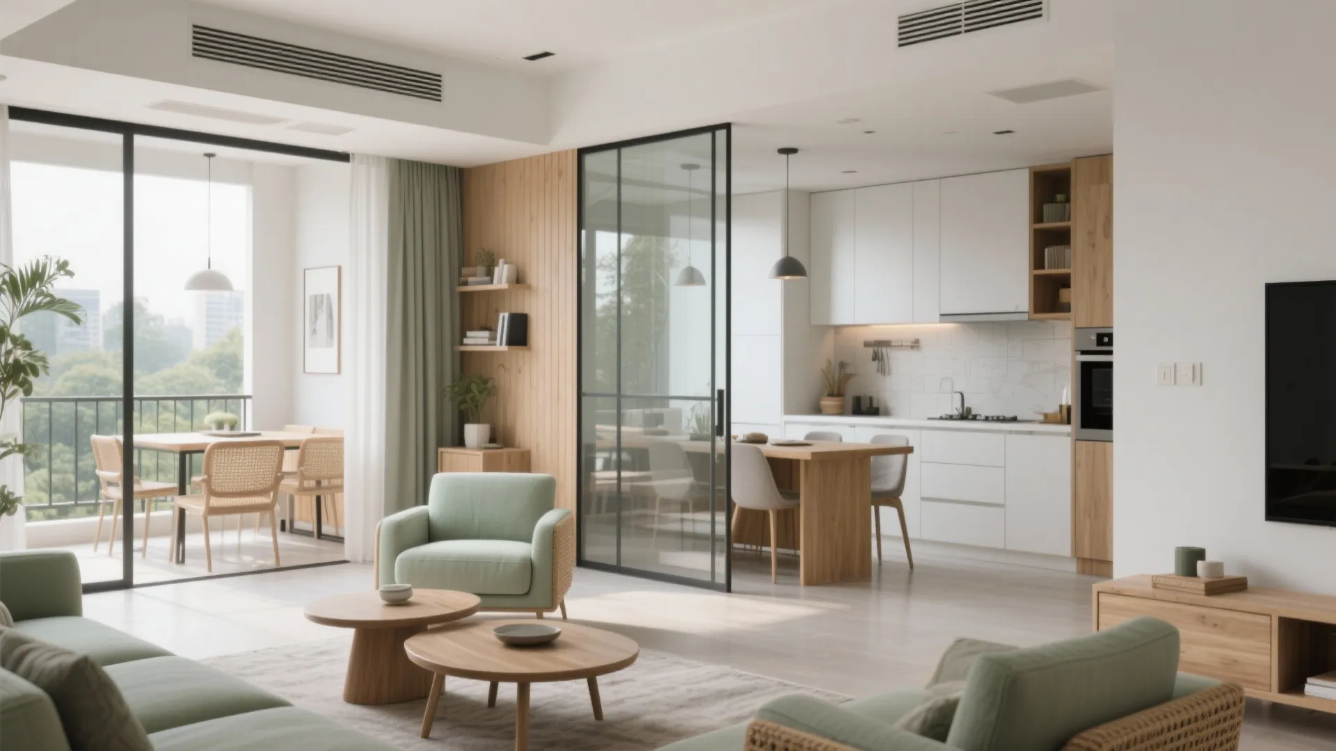 Open plan living room with green sofa coffee tables and glass door to balcony area