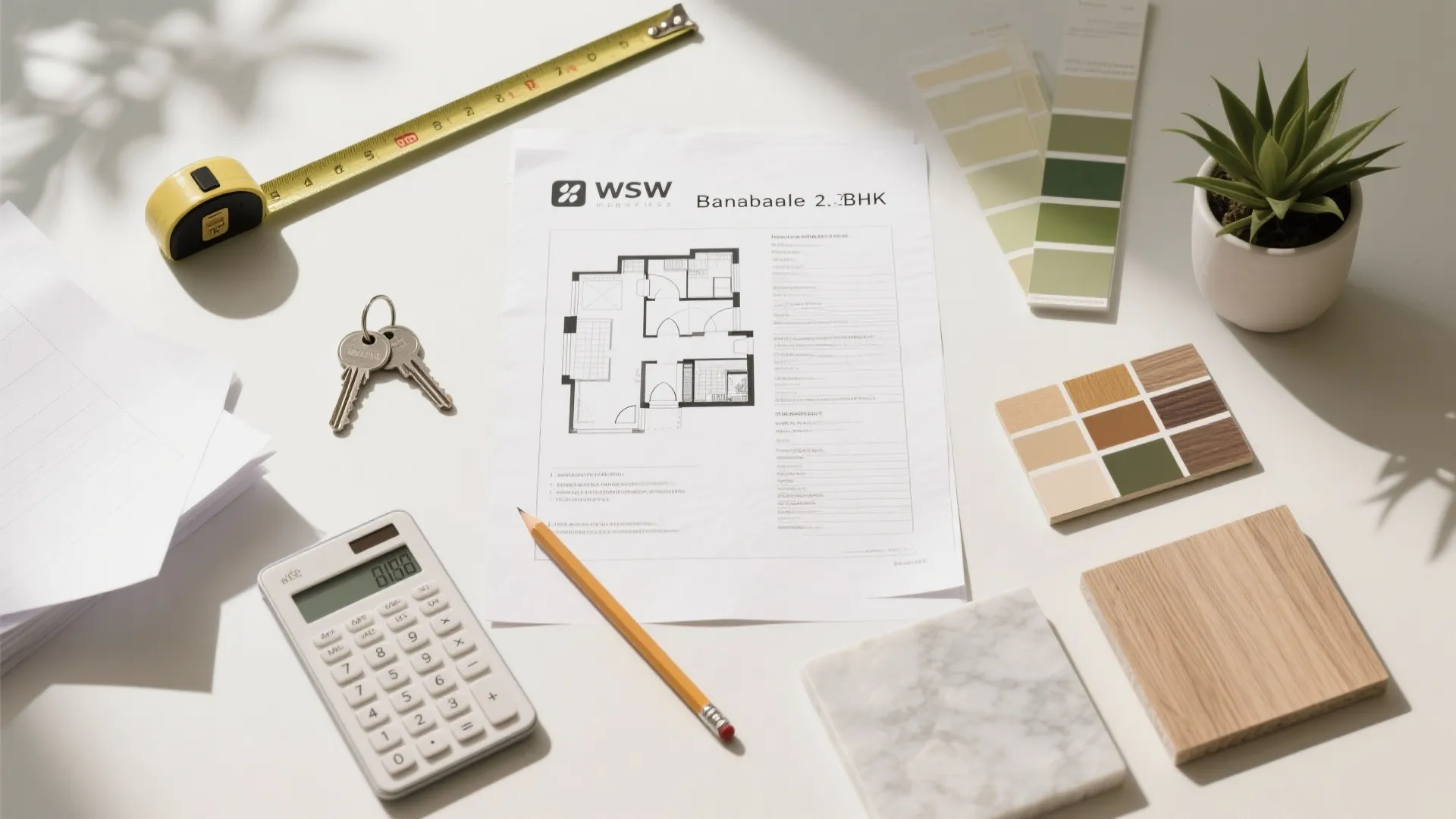Interior design drawing with measuring tape keys calculator color swatches and wood samples on white desk