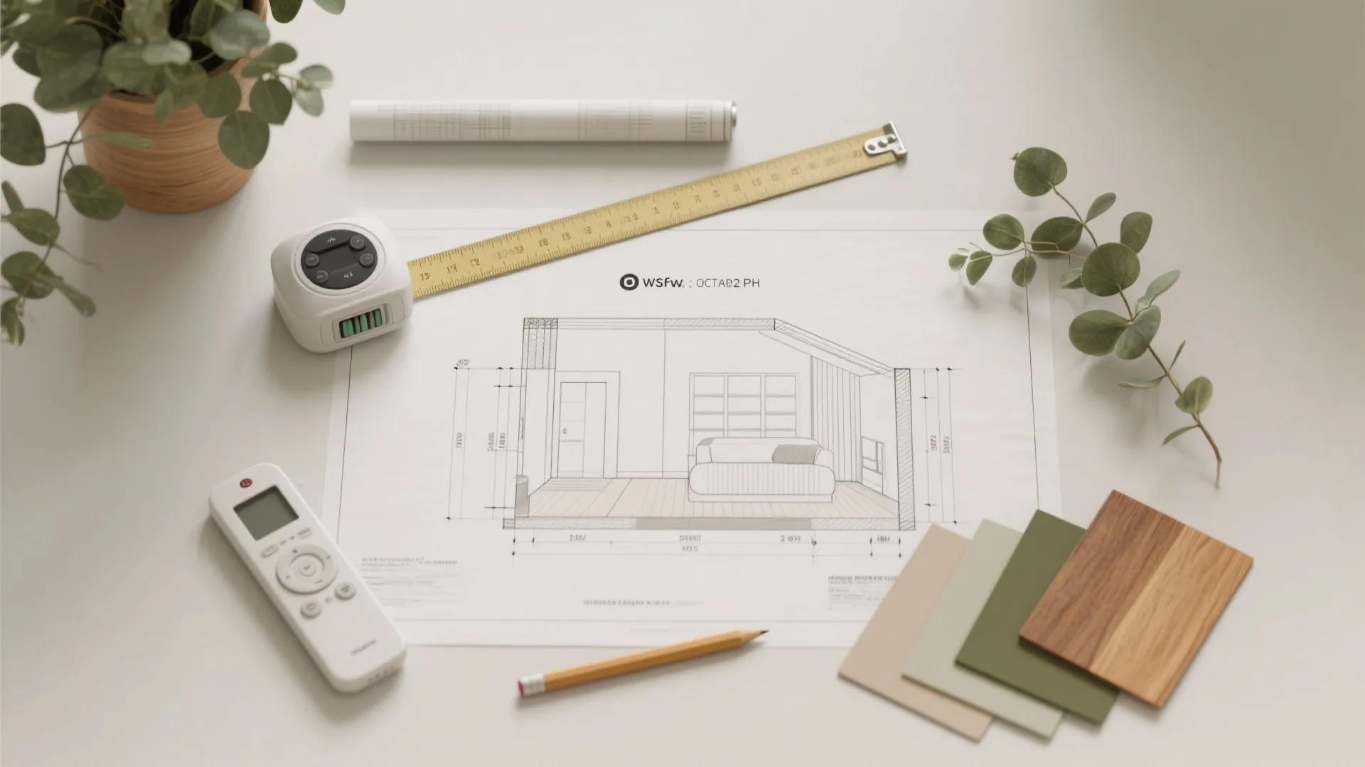 Interior design drawing on a white desk with tape measure pencil color samples and green plants