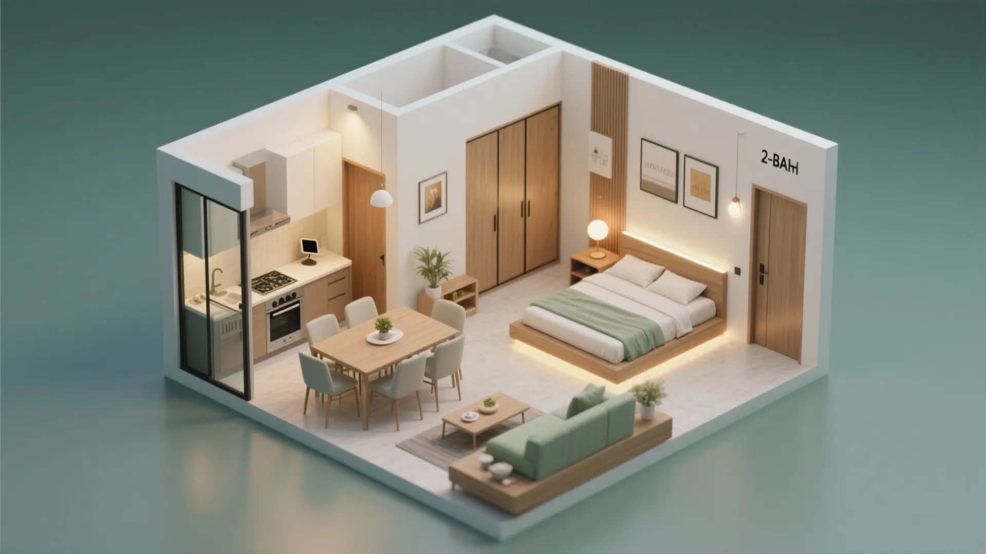 Isometric view of a studio apartment interior design drawing with bed kitchen and dining area