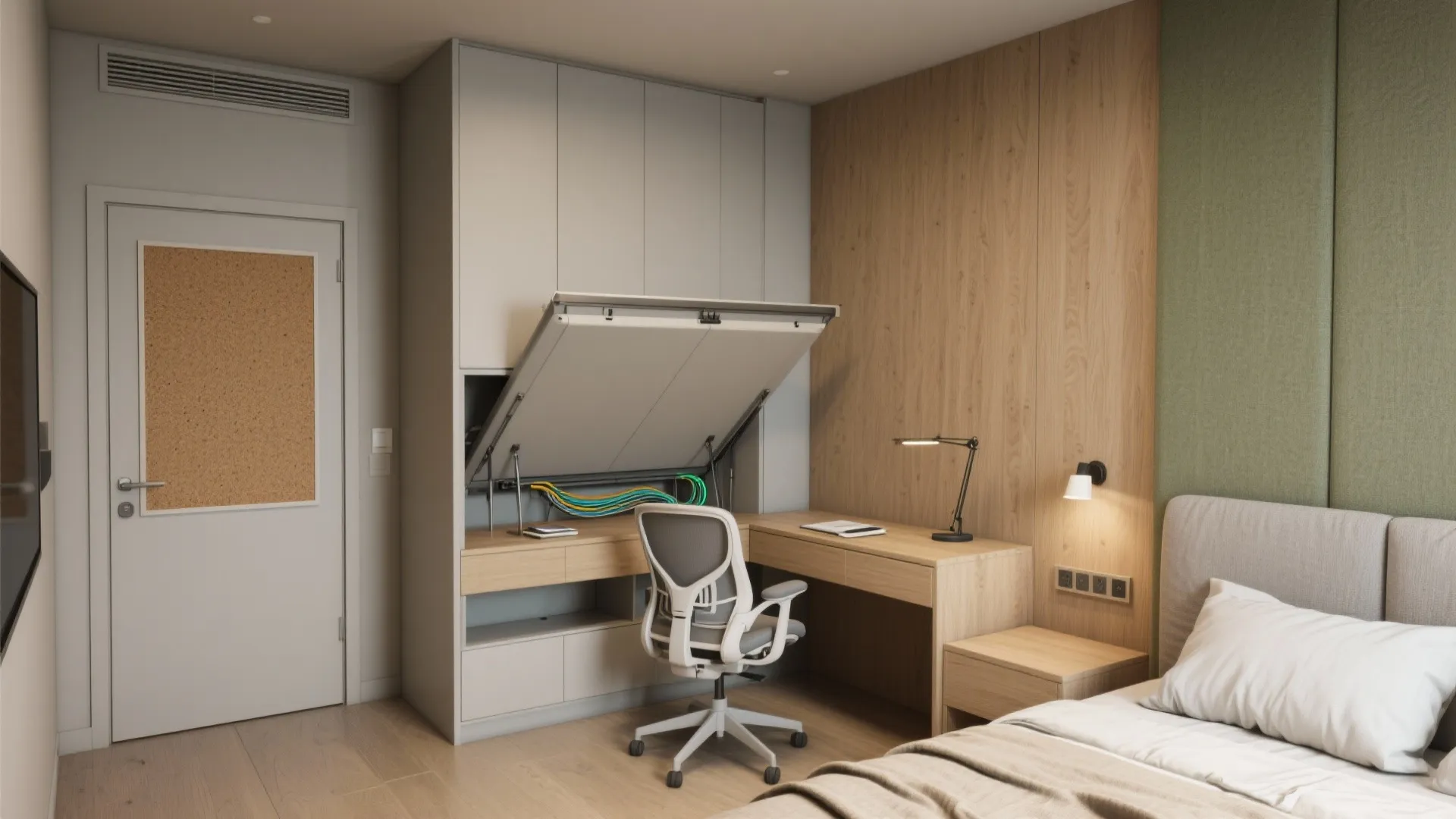 Flexible Bedroom: Wardrobe Wall, Murphy Bed, and a Real Desk