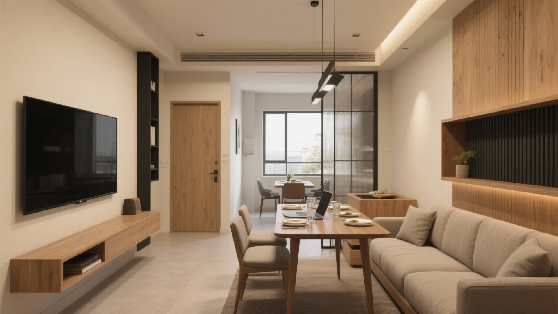 Modern open living room with grey sofa wooden dining table black ceiling light and television