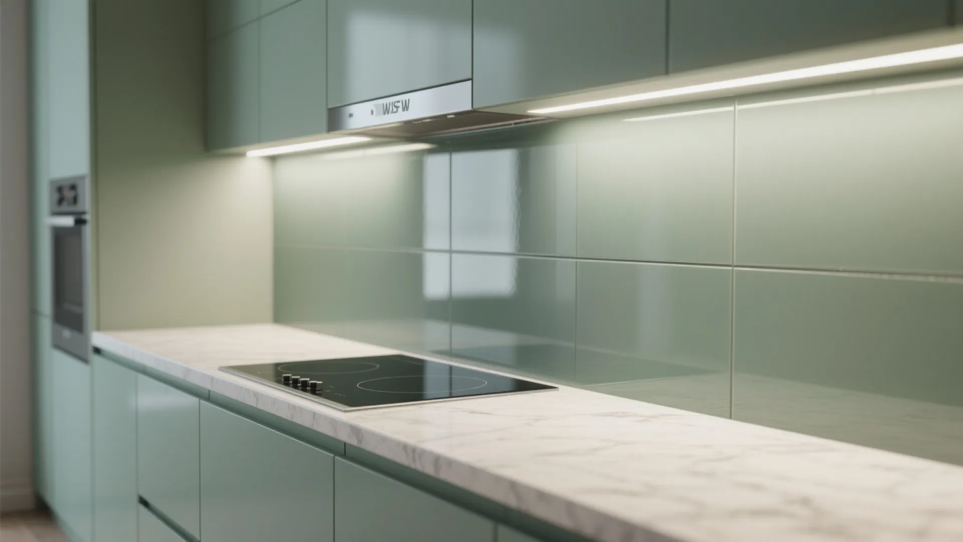 Glass backsplash and reflective finishes for an airy cook space