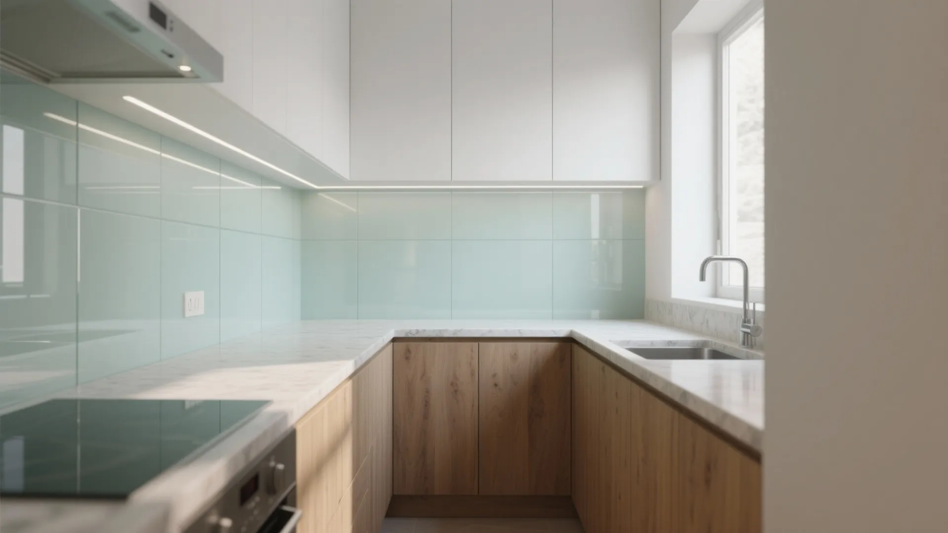Modern kitchen with white upper cabinets light green wall tiles wooden lower cabinets and marble countertop