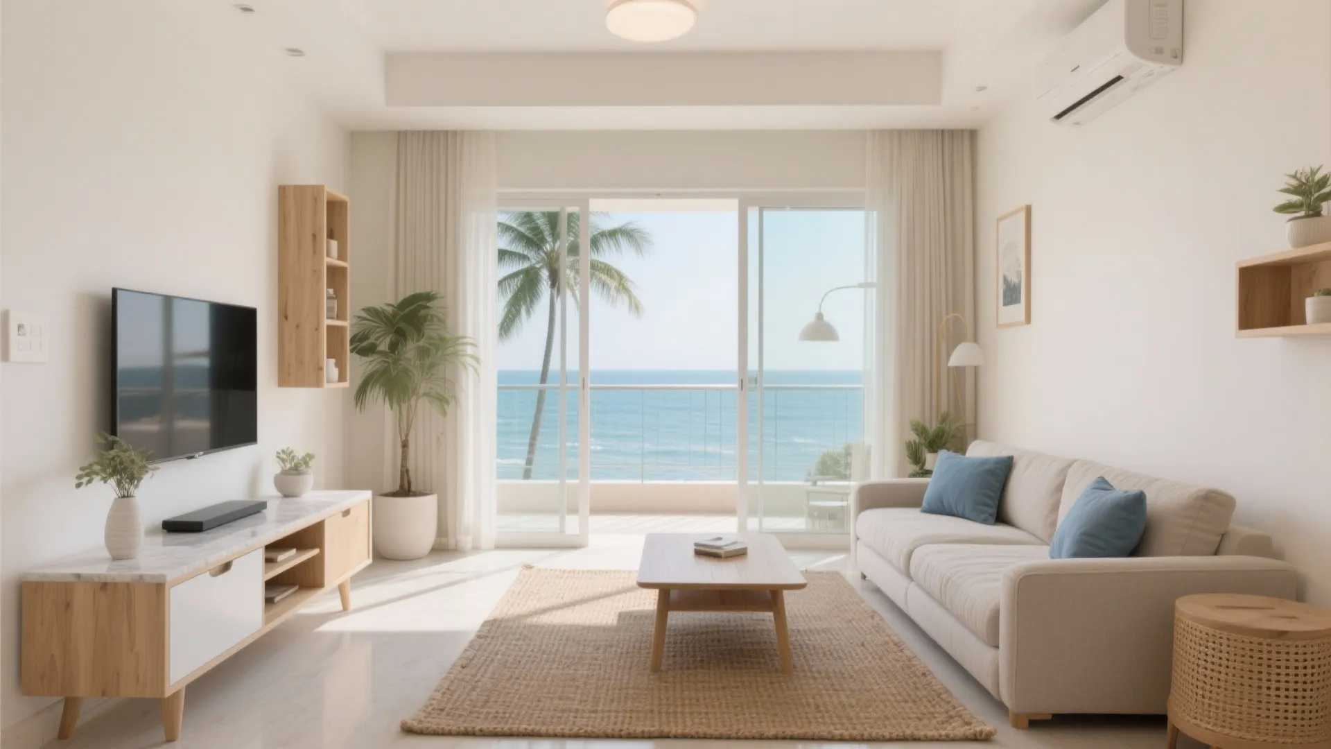 Modern bright living room with white sofa wooden furniture television and sliding glass doors to balcony
