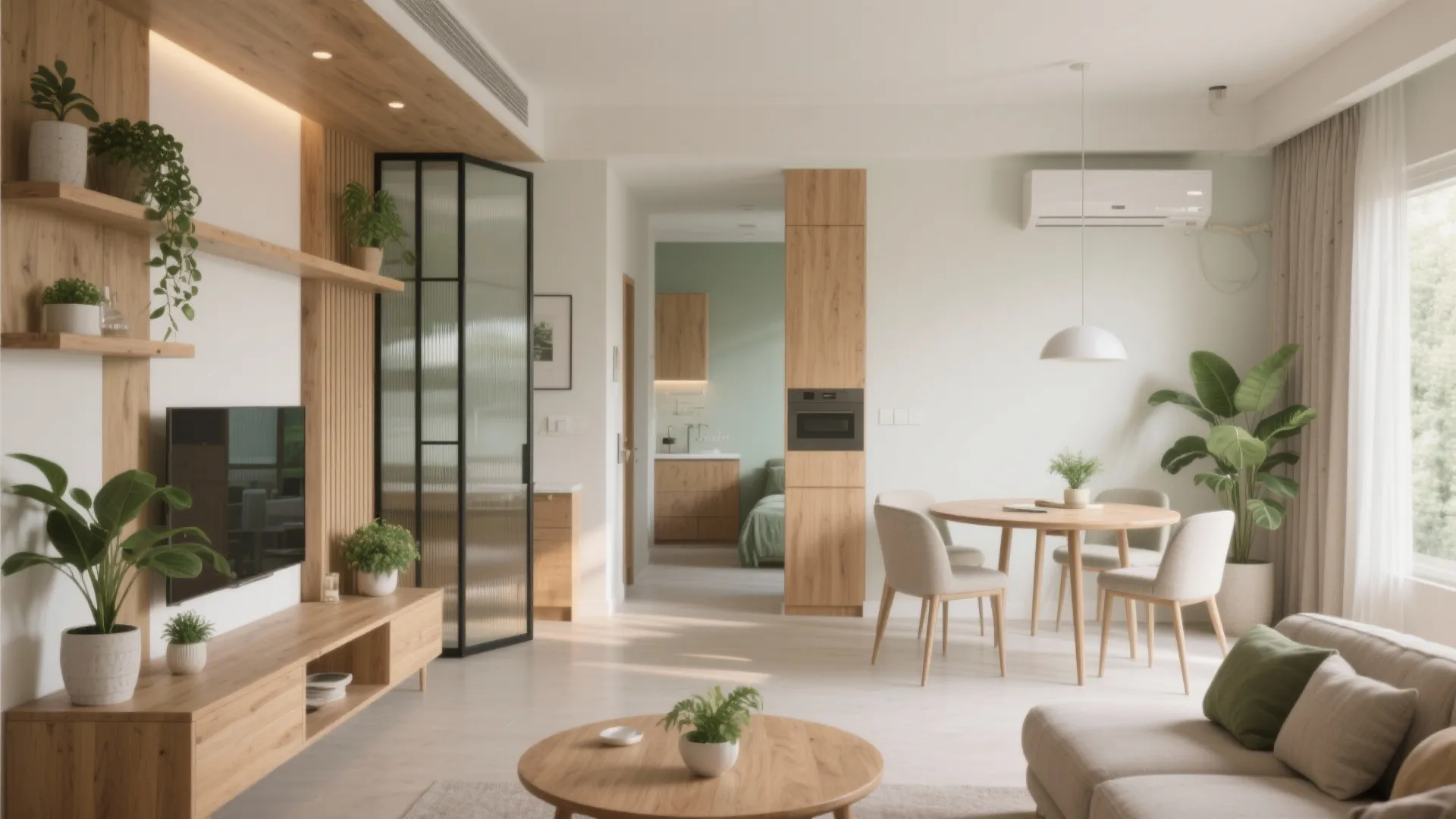 Modern open living room with wooden furniture dining table green plants and bright natural light window