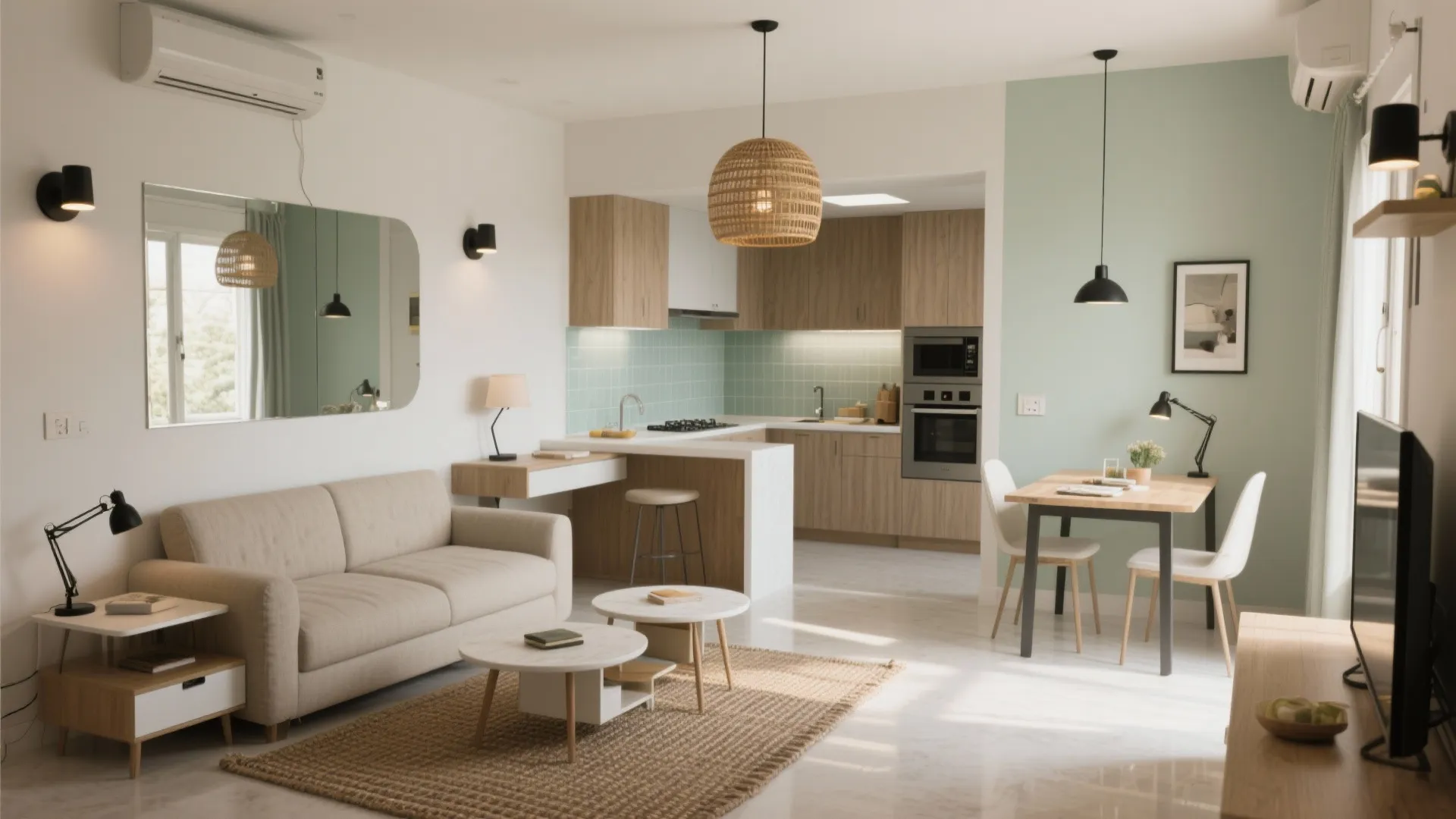 Modern open plan living room with beige sofa round coffee tables dining area and cabinet