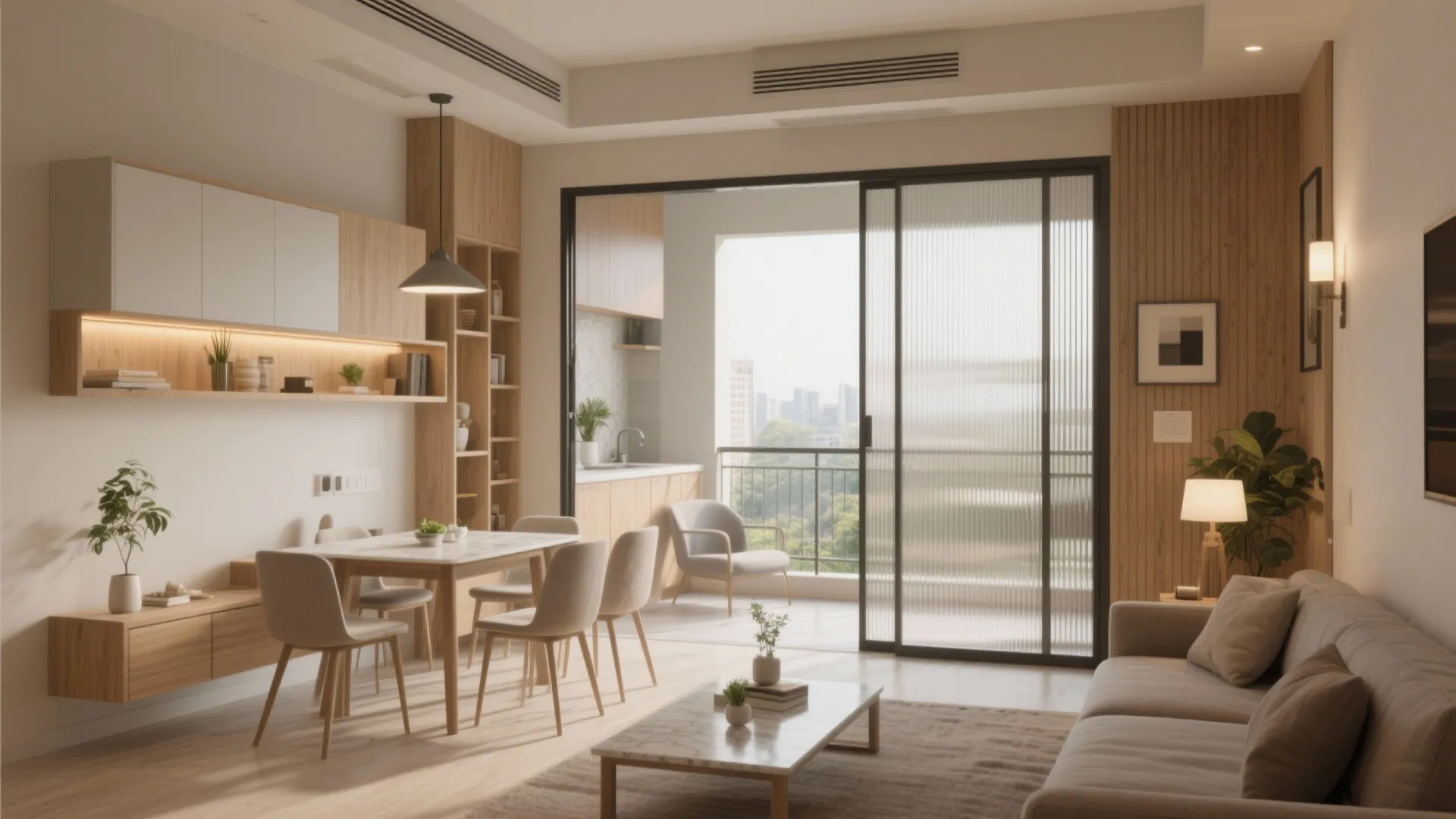 Modern open plan living room with dining table sofa glass sliding door and balcony view