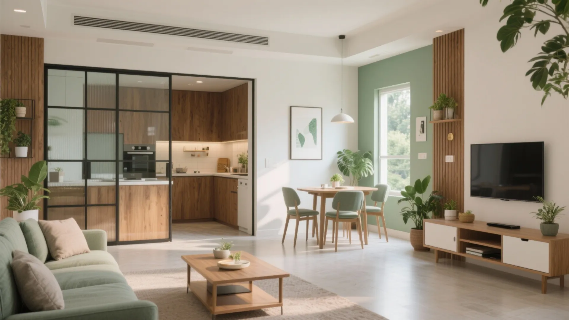 Modern open living area with green wall wooden dining table glass kitchen partition and plant