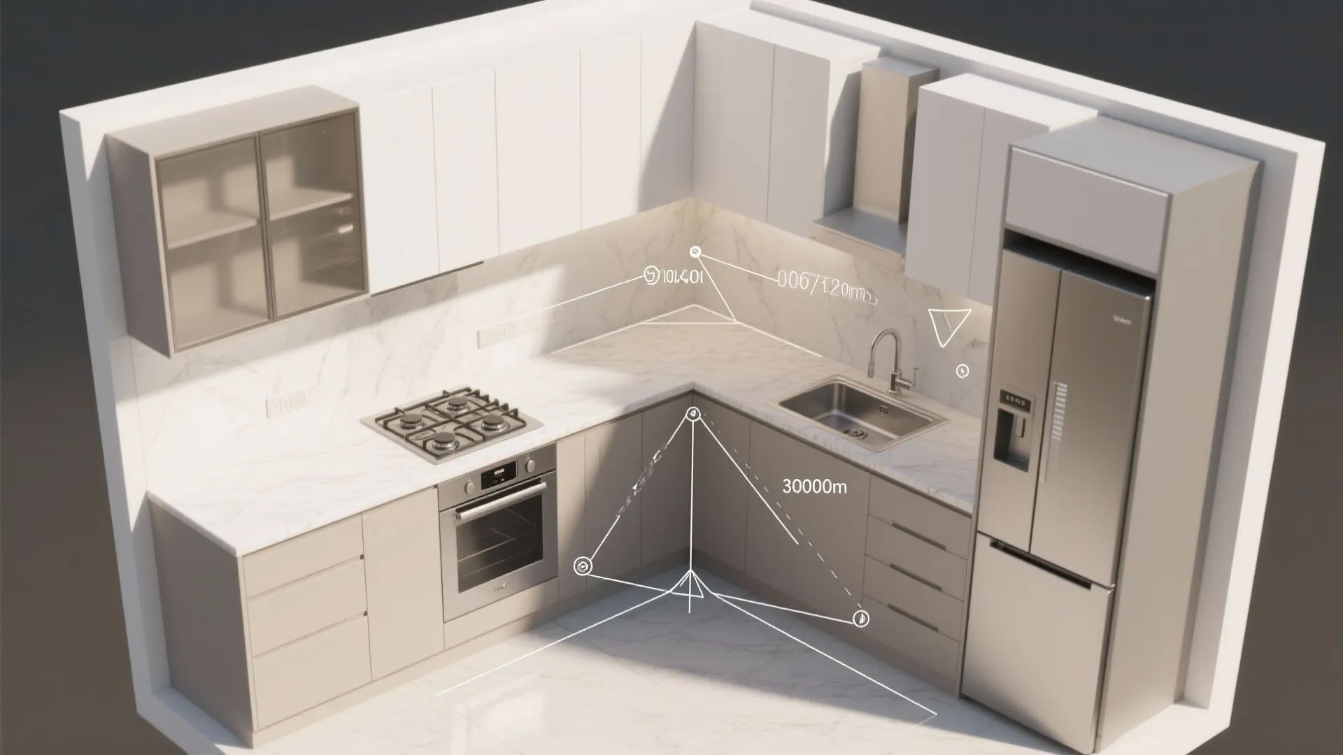 L-shaped compact kitchen with reflective finishes