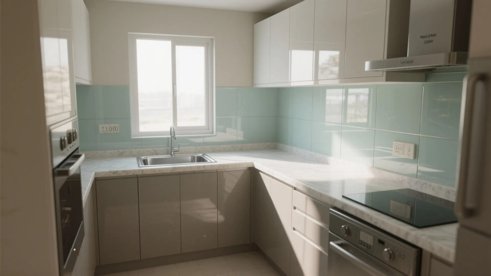 L-shaped compact kitchen with reflective finishes