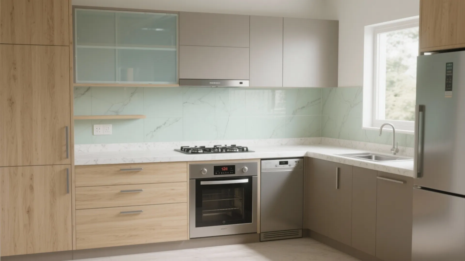 Contemporary kitchen with light wood cabinets grey storage units green tile backsplash and silver appliances