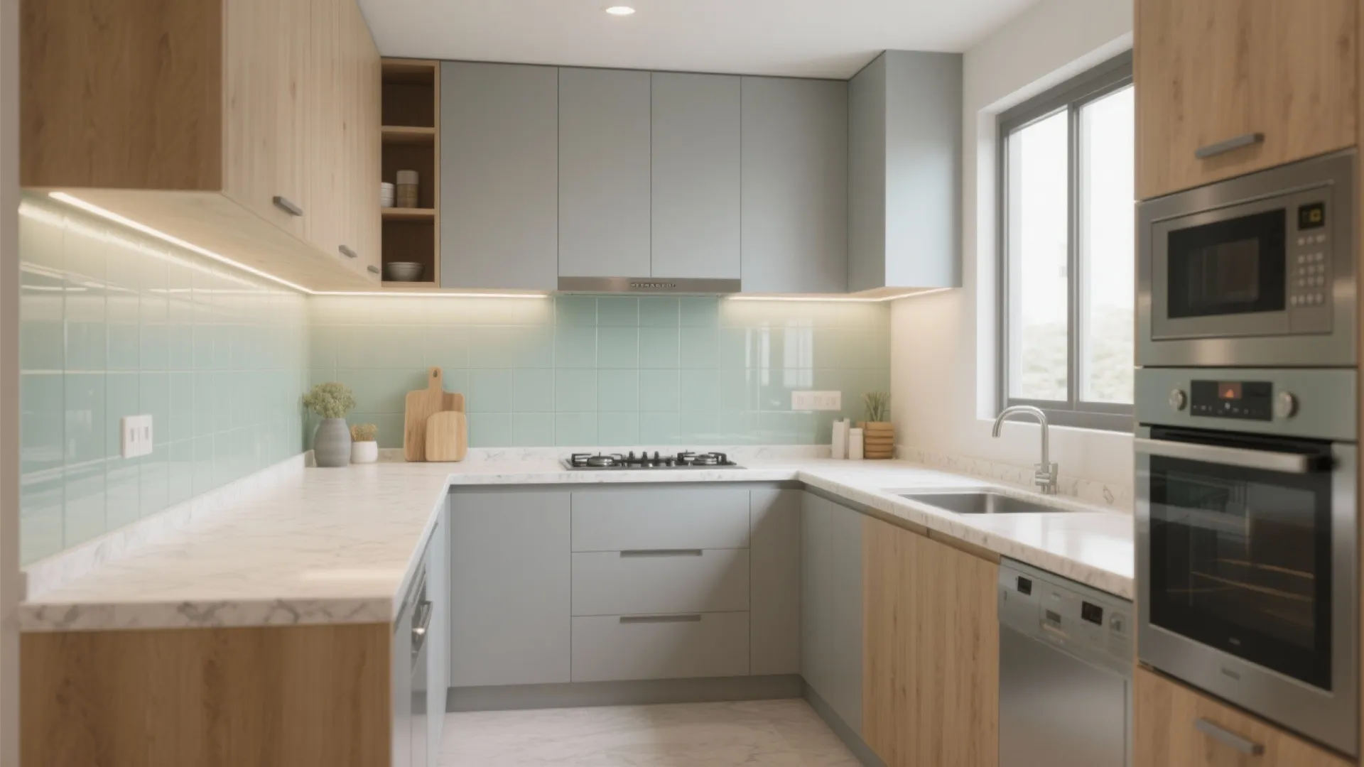 Modern kitchen with grey and wood cabinets white marble countertop and mint green tiled wall