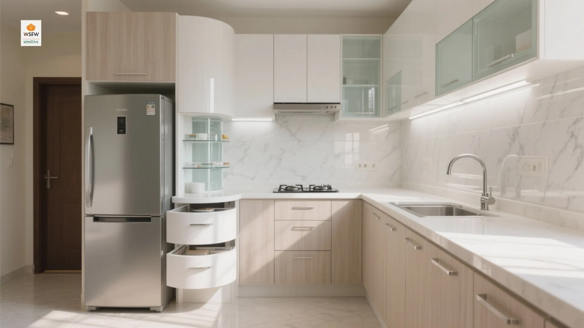 1) A breezy, L-shaped kitchen with light-reflective finishes