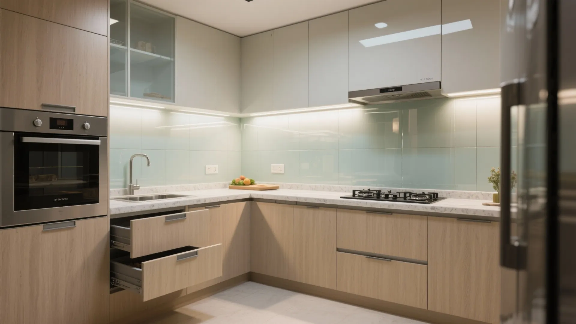 Compact kitchen planning: integrated storage and a bright backsplash