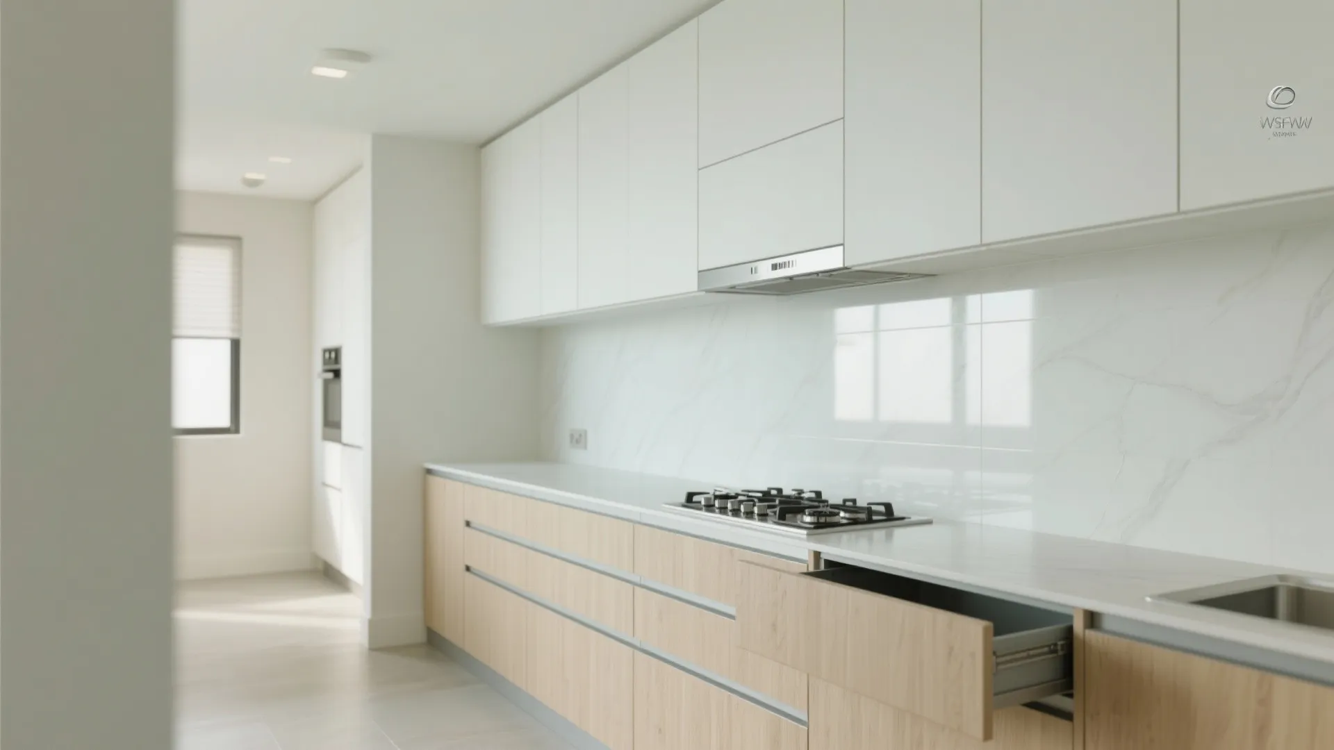 Modern white kitchen with wooden lower cabinets marble wall and integrated stove in bright room