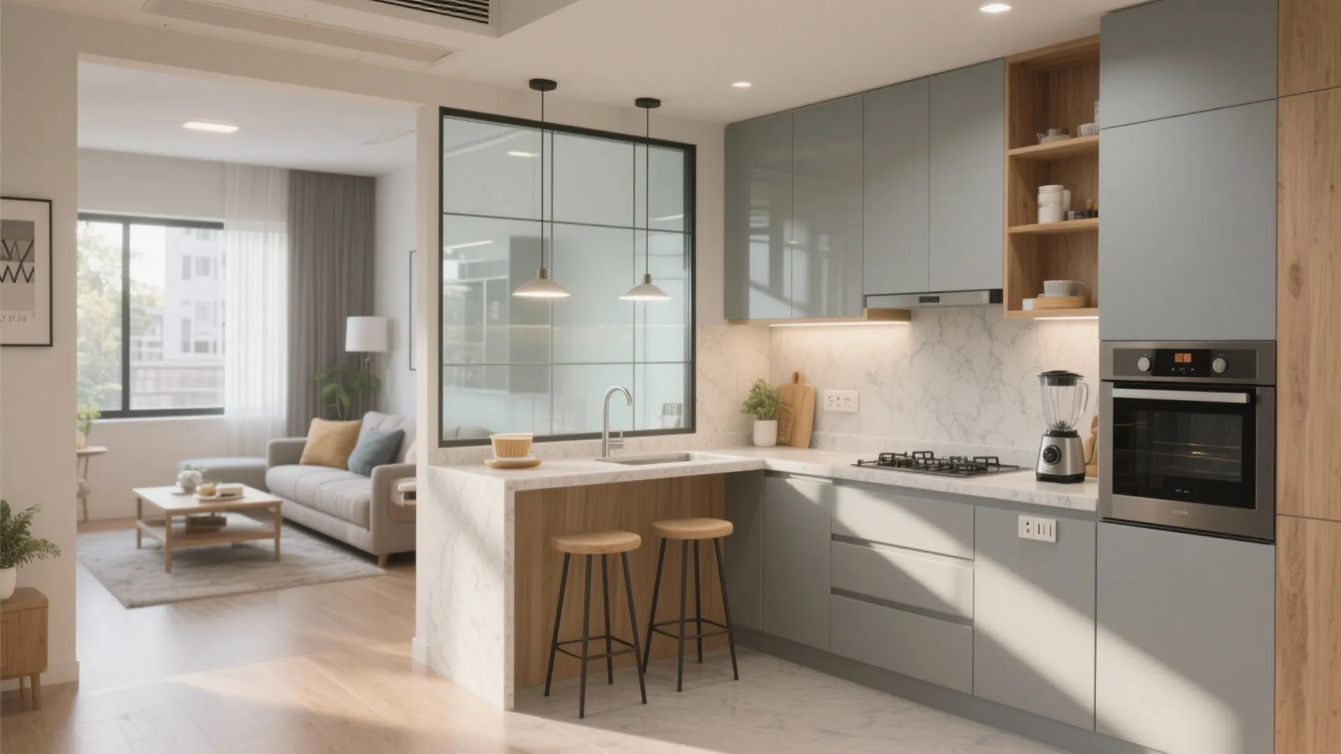 An L-shaped kitchen with a breakfast counter