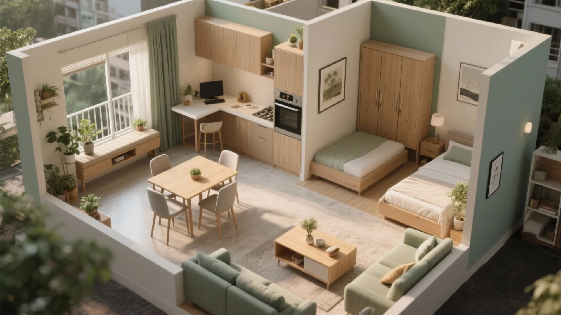 Modern apartment interior design drawing showing small living area with kitchen and two green beds