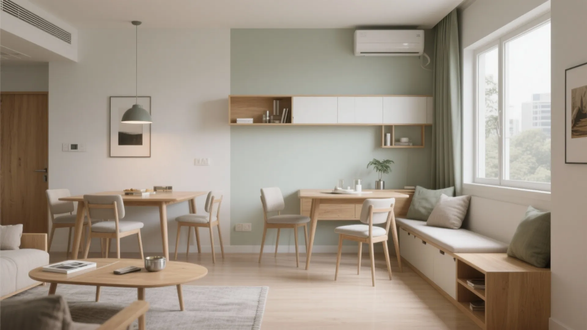 Modern apartment living area with wooden dining table chairs light green wall and window seating