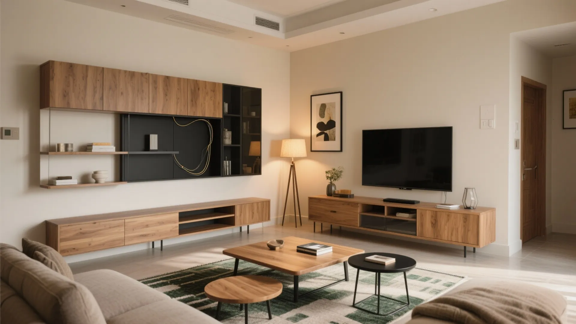 Modern living room featuring wooden cabinets a large television floor lamp and green patterned area rug