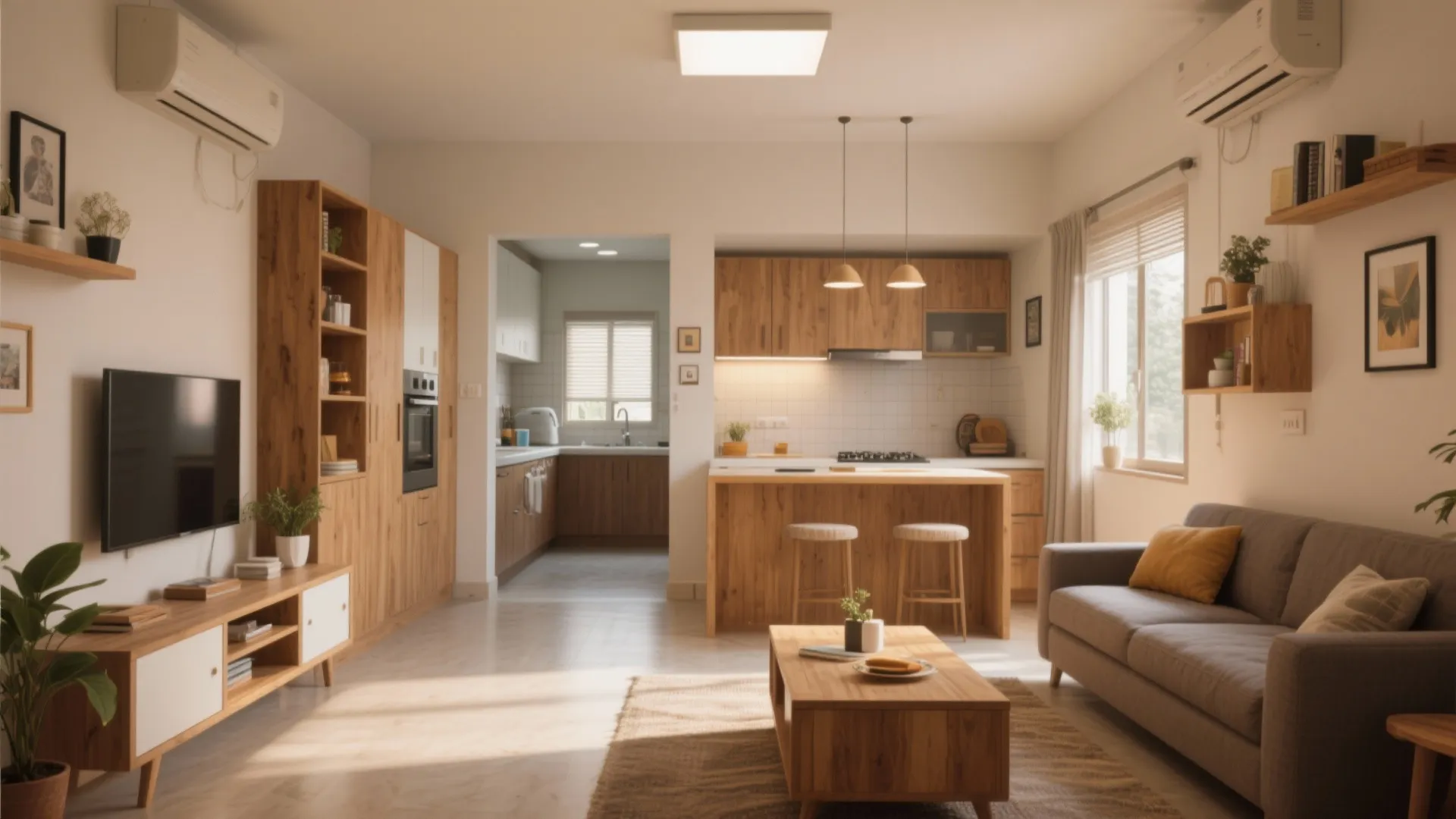 Open plan living room and kitchen area with wooden furniture grey sofa and warm light fixtures