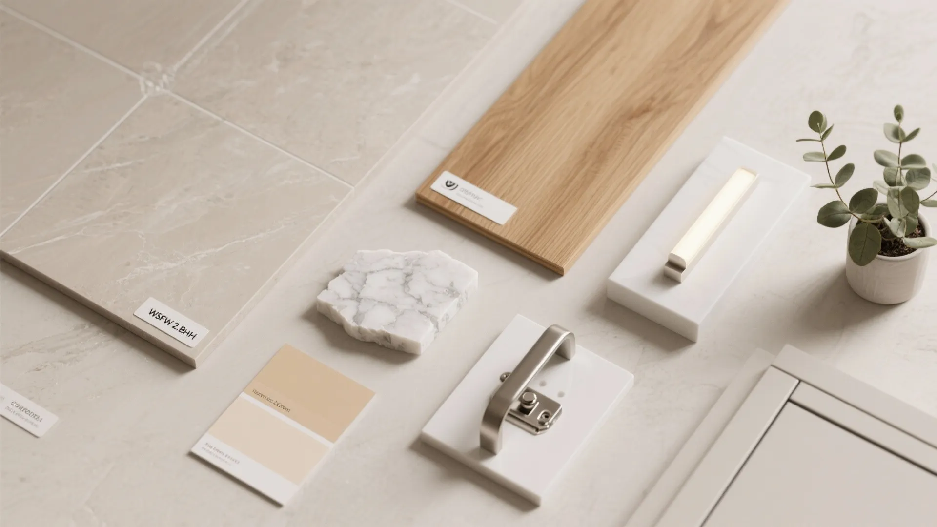 Top-down flatlay of neutral tile, laminate, quartz, LED, hardware, and paint swatches for a cost-smart 2 BHK.