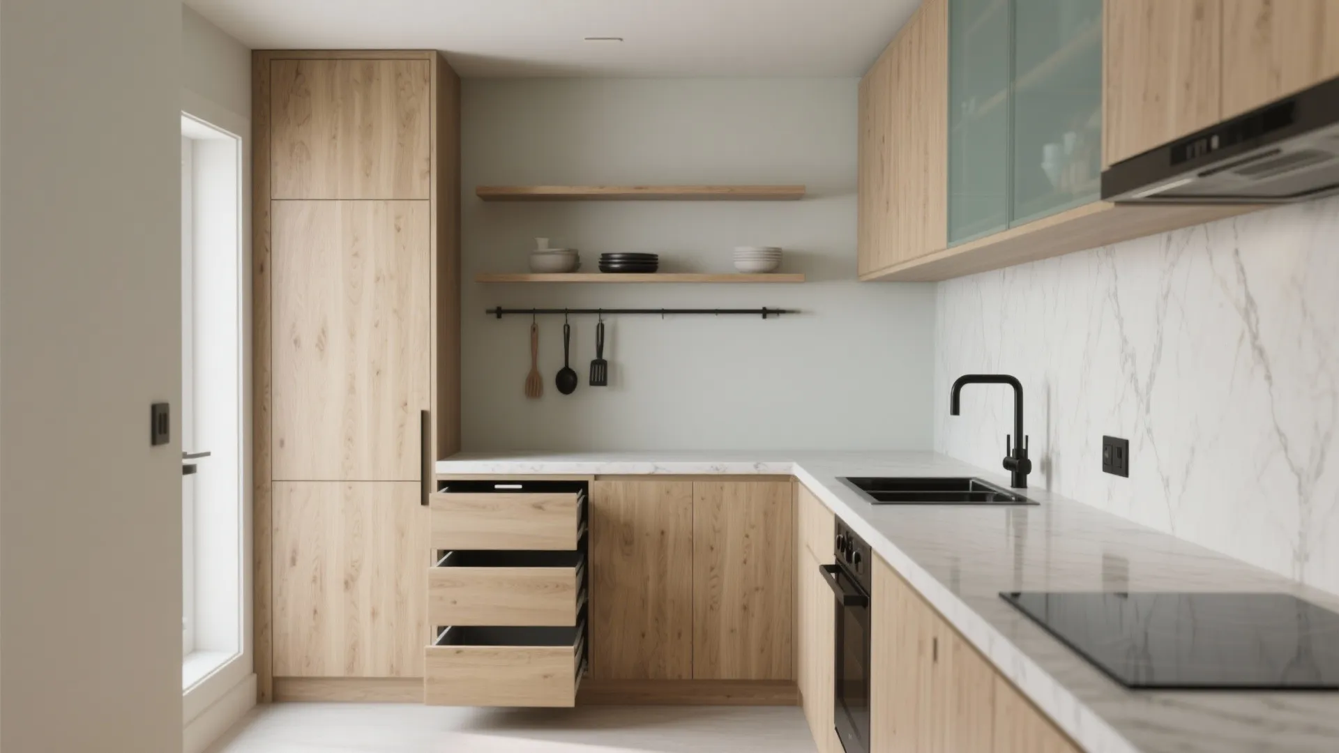Minimalist kitchen with light wood cabinets marble countertop black sink and open drawers for storage space
