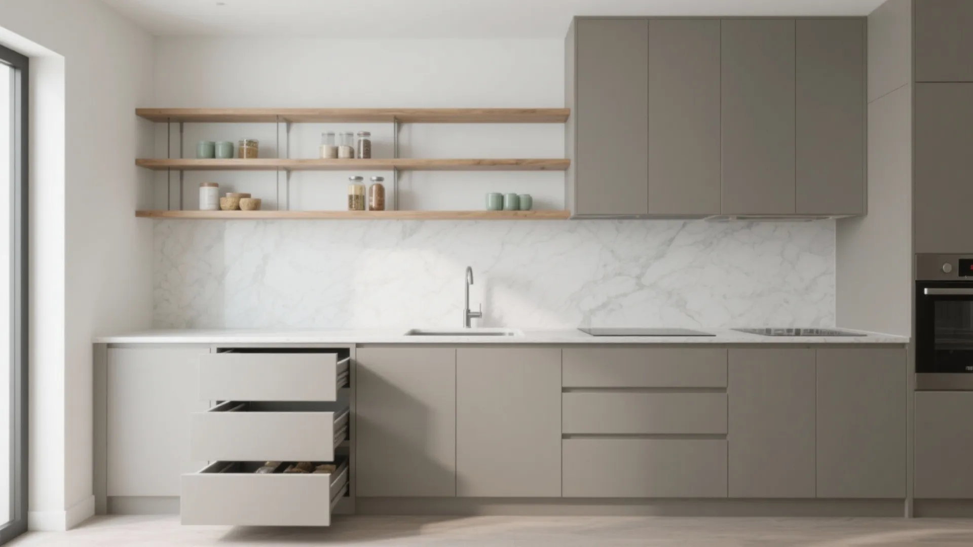 Modern kitchen with grey cabinets marble backsplash open wood shelves and drawers for smart storage