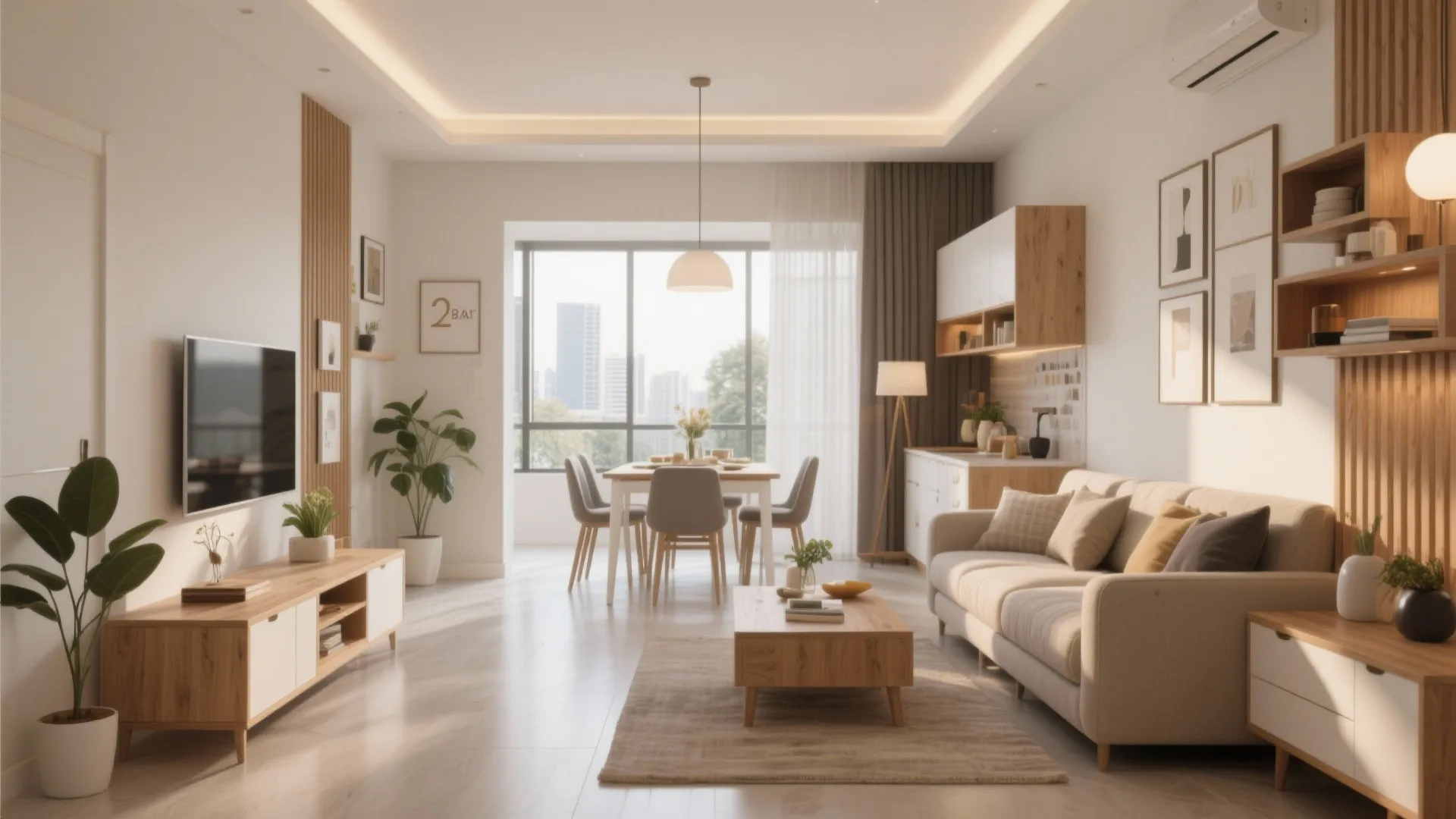 Modern apartment interior design drawing showing open living room dining area and wooden furniture accents