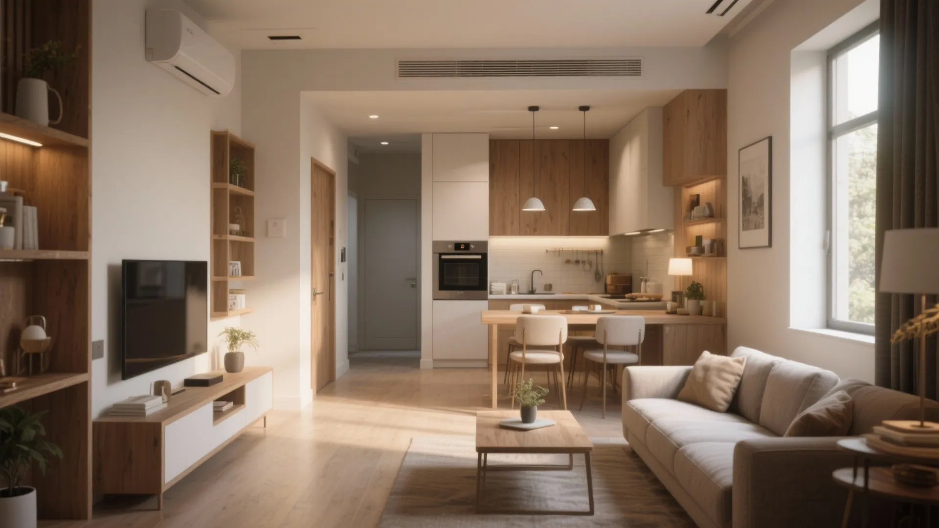 Bright studio apartment interior featuring wooden cabinets white sofa small dining area and natural window light