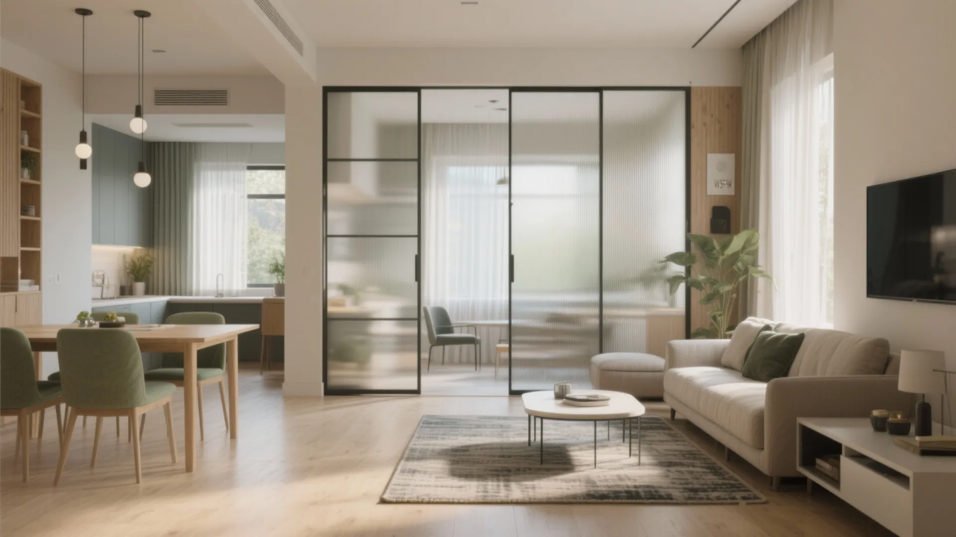 Open-Plan Living-Dining With a Sliding Partition