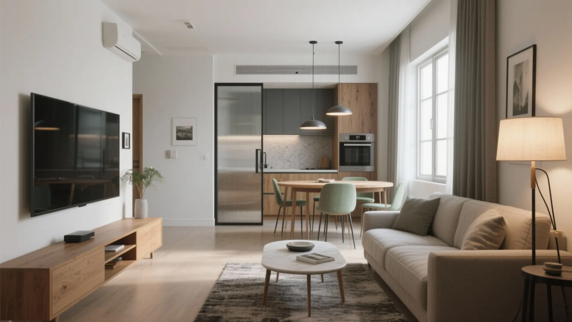 Open plan living area featuring a grey sofa wooden tv stand and a dining table
