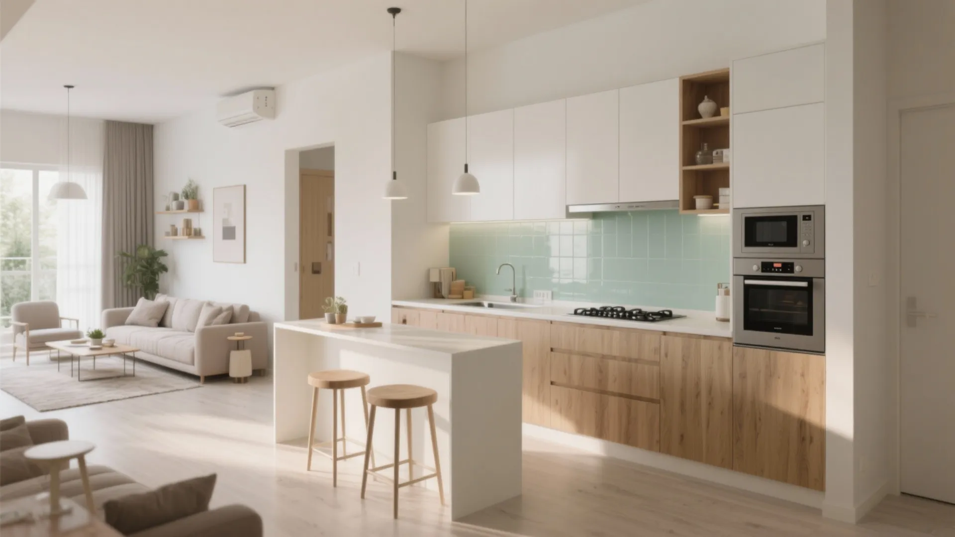 Modern open plan kitchen and living room featuring white cabinets wooden island and grey sofa