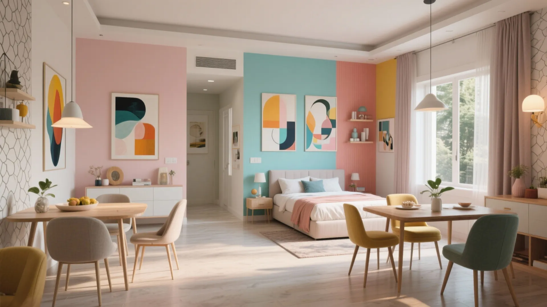 Studio apartment layout with colorful pink and blue walls bedroom area and two dining tables
