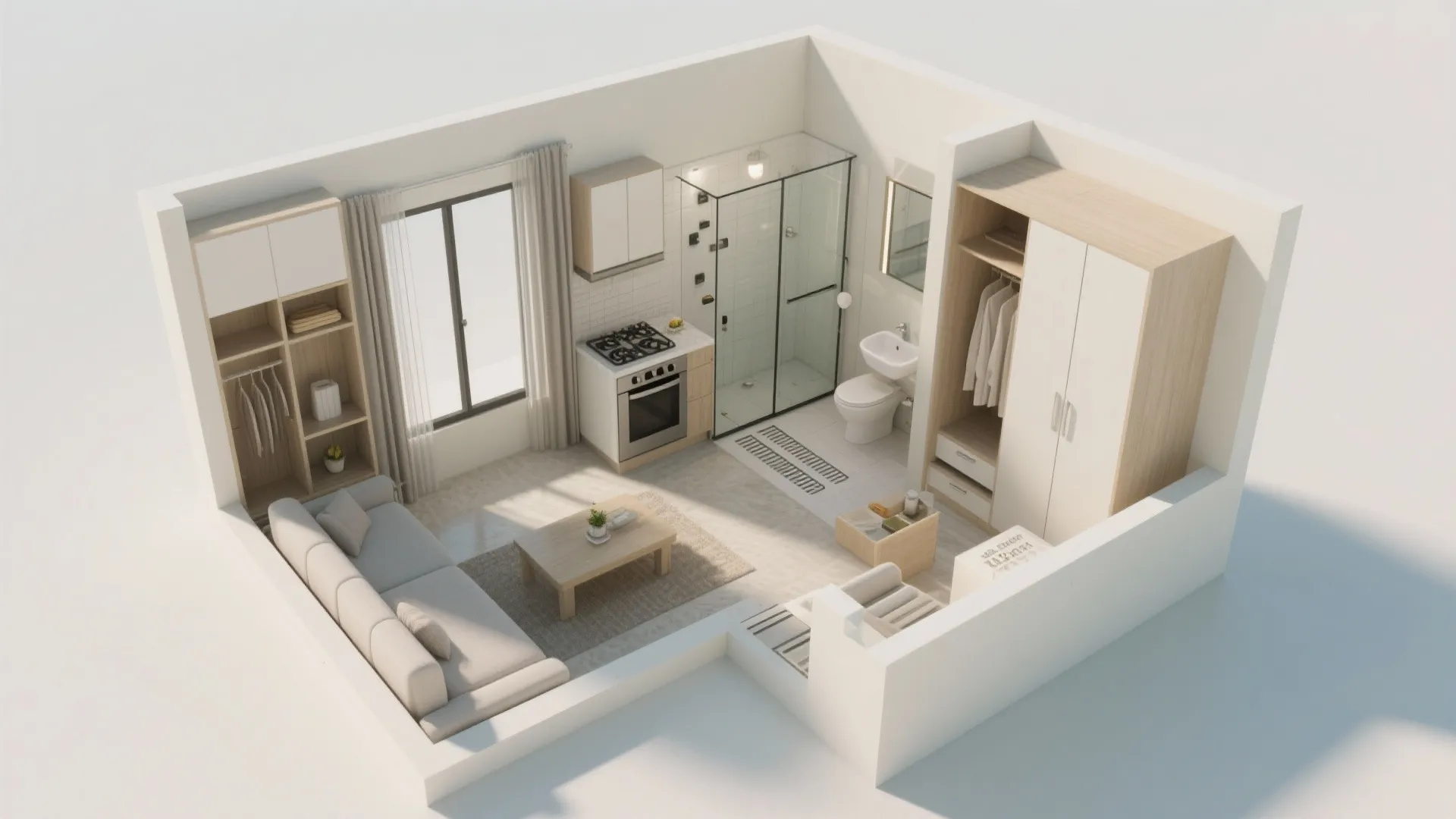 Interior design drawing showing 3D studio apartment layout with sofa, kitchen, bathroom, and storage cabinets