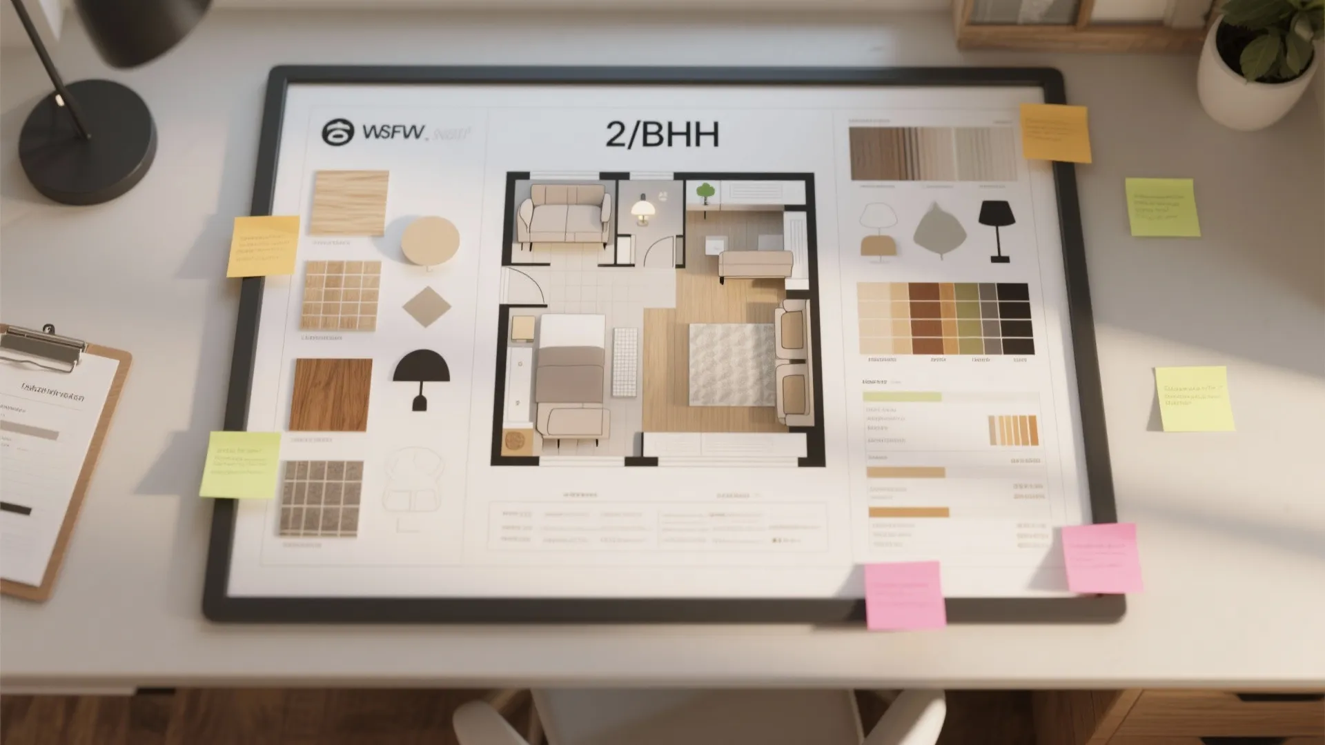 Interior design board showing a small apartment floor plan with color swatches and sticky notes