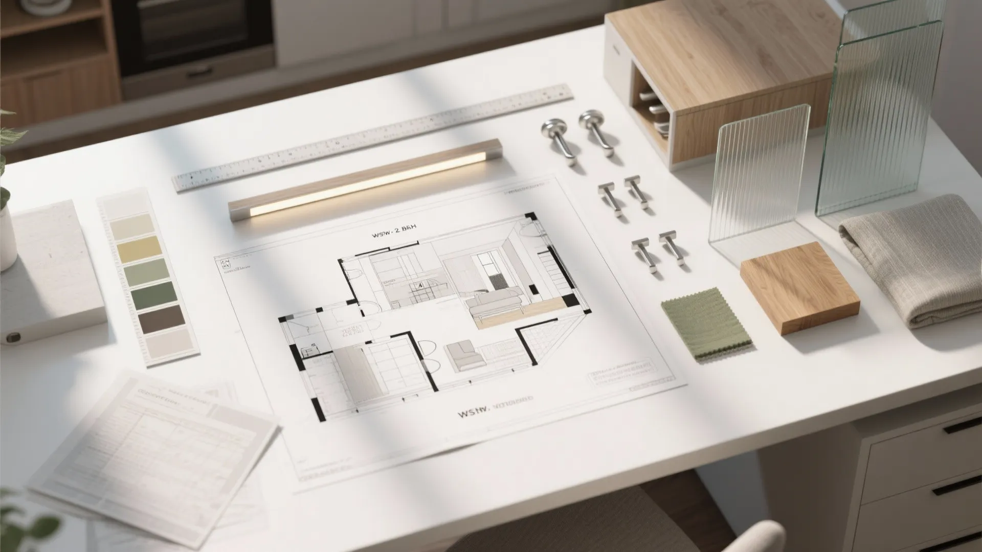 Interior design drawing on a white desk with color samples wood blocks and small light fixture