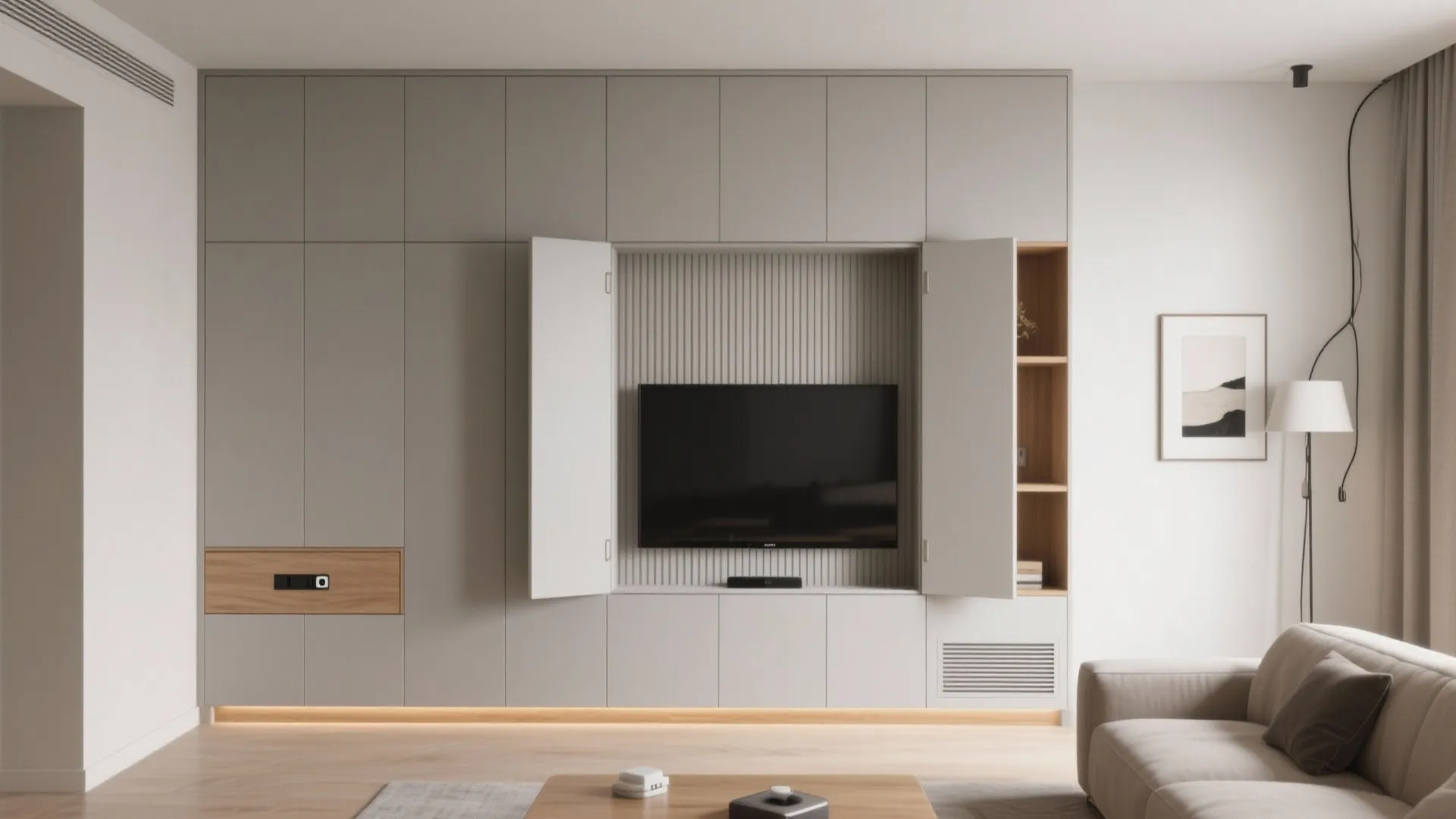 Minimalist Storage Wall with a Concealed Media Unit