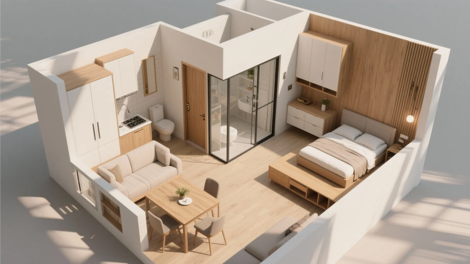 Interior design drawing showing small apartment layout with bedroom bathroom kitchen and small dining area