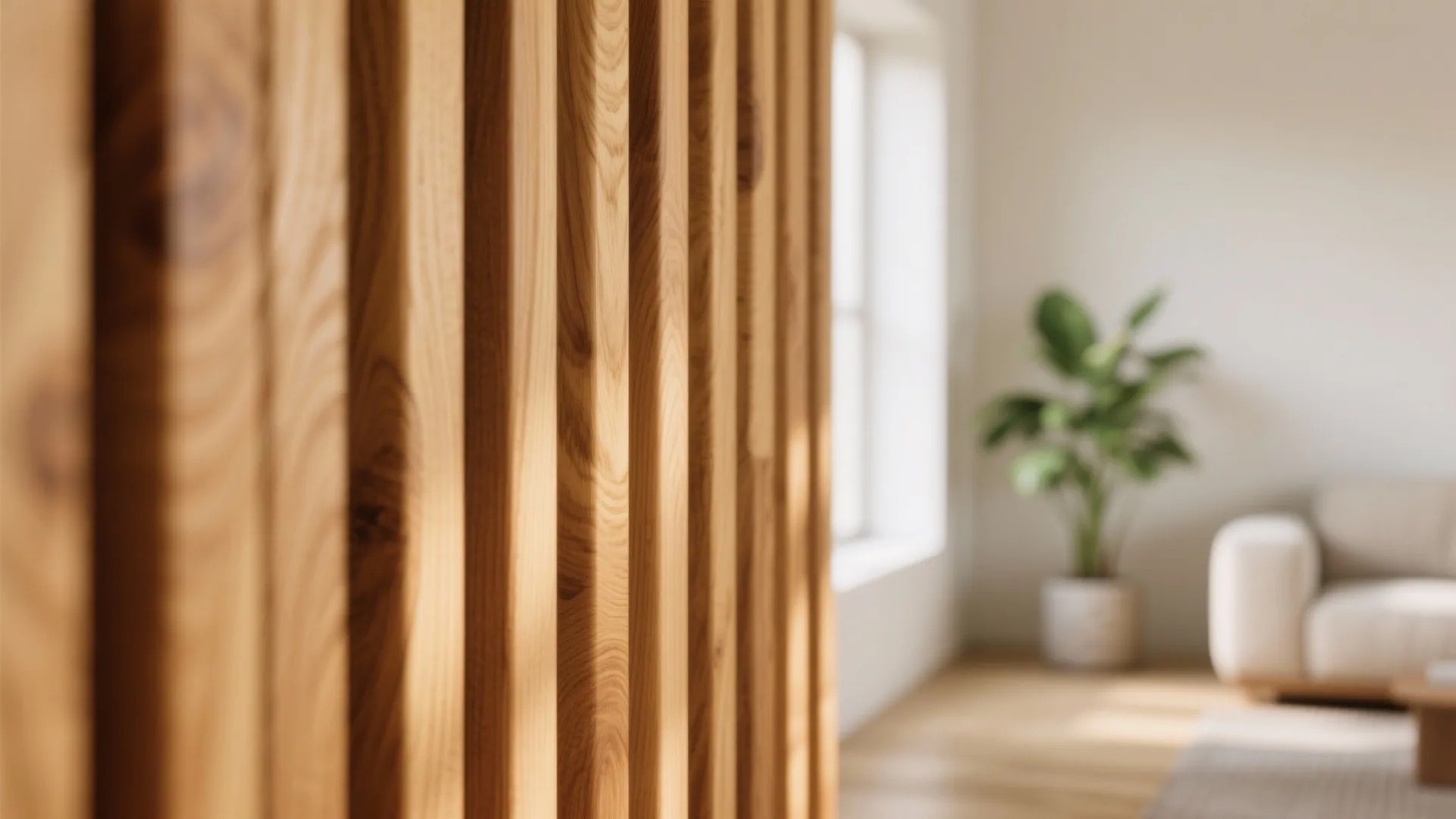 Close up of vertical wooden wall panel detail with blurred living room sofa and plant background