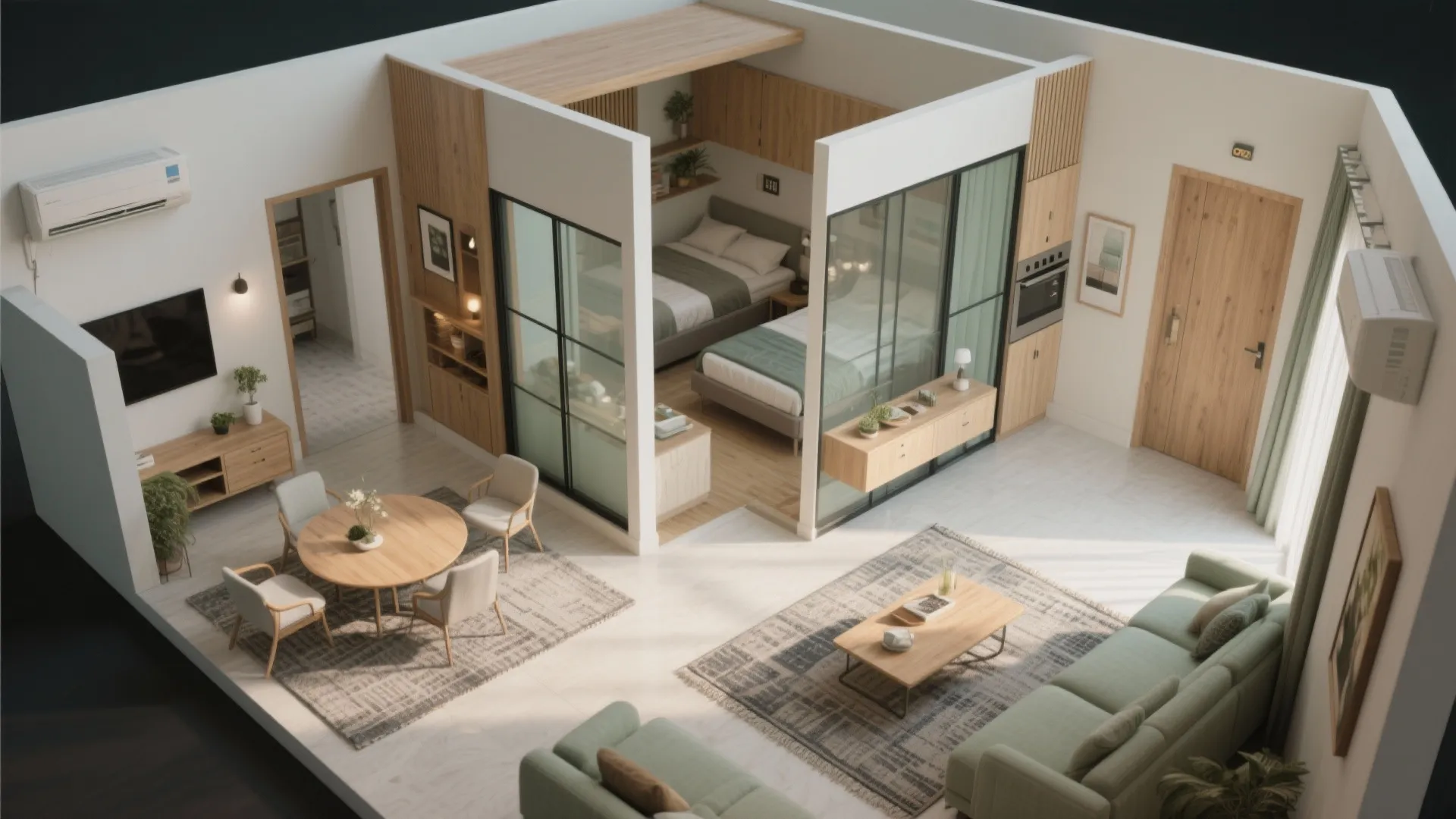 Modern apartment room layout showing living area dining table and glass walls separating the bedroom space